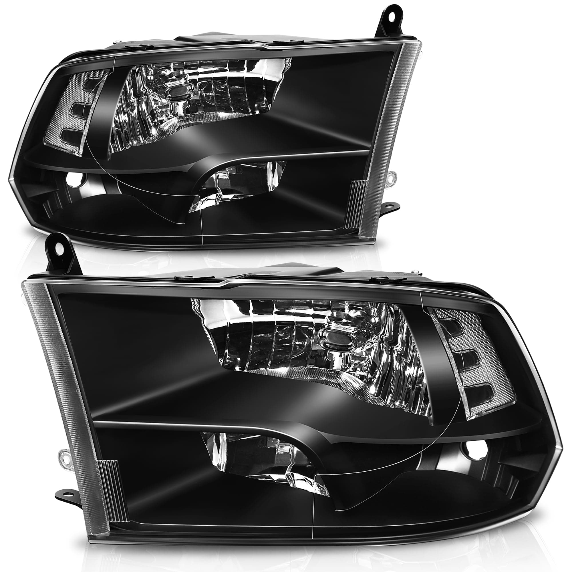 Quad Headlights Assembly Compatible with 2009-2010 Dodge Ram 1500-3500 New Body, 2011-2018 Ram 1500-5500, Halogen Headlamps Replacement, Left and Right Side, Black Housing Clear Corner