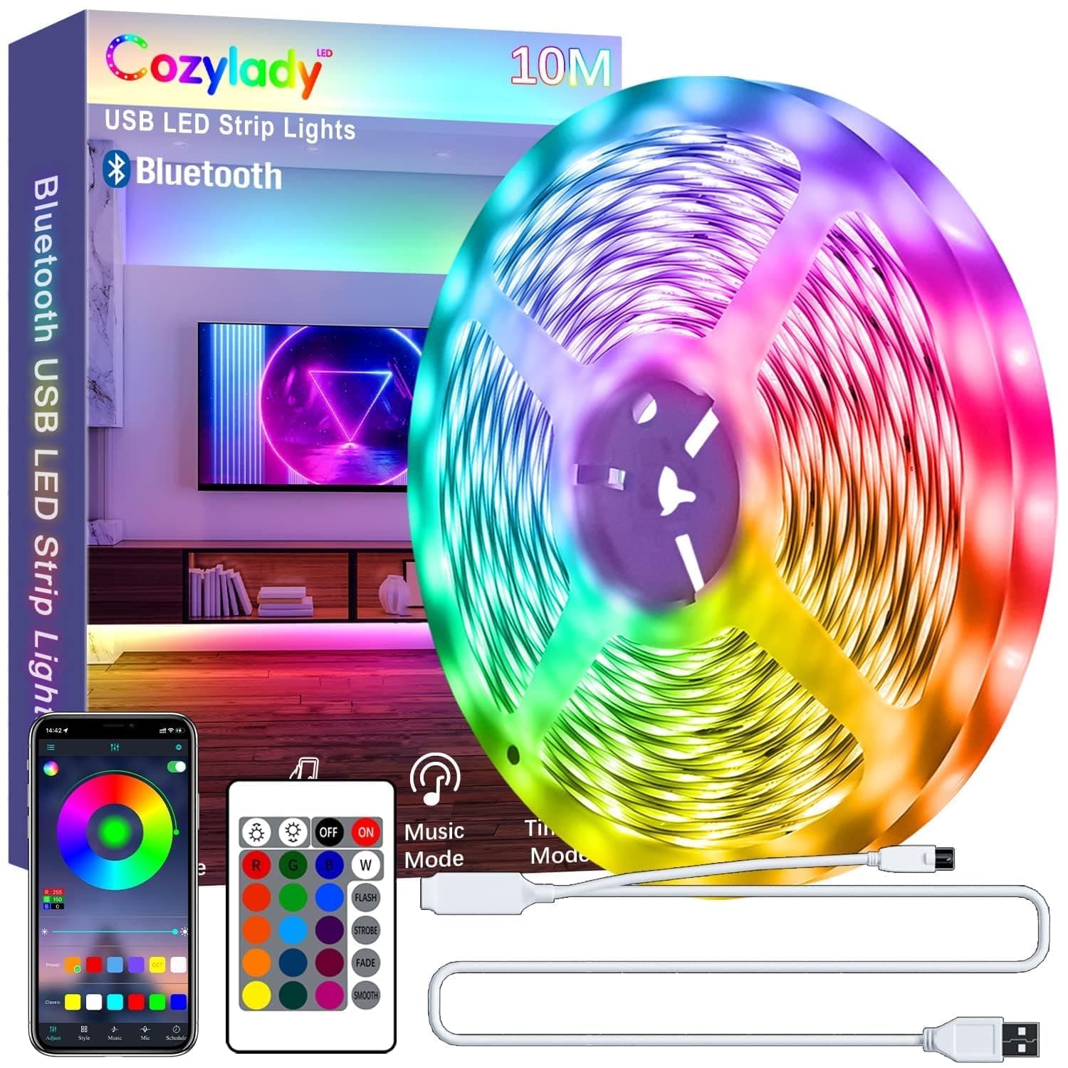 Cozylady 10M USB Led Light,Smart Bluetooth RGB Light with APP Control, Timer Setting, Music Mode, Led Light Strip for Decoration, Bedroom, PC,Cabinet（usb 10m）