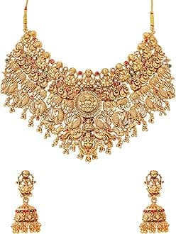Jewellery Set for Women and Girls Golden Temple Jewellery Set Traditional | Gold Plated Choker Necklace Set | Antique Jewellery Birthday Gift for Girls & Women Anniversary Gift for Wife