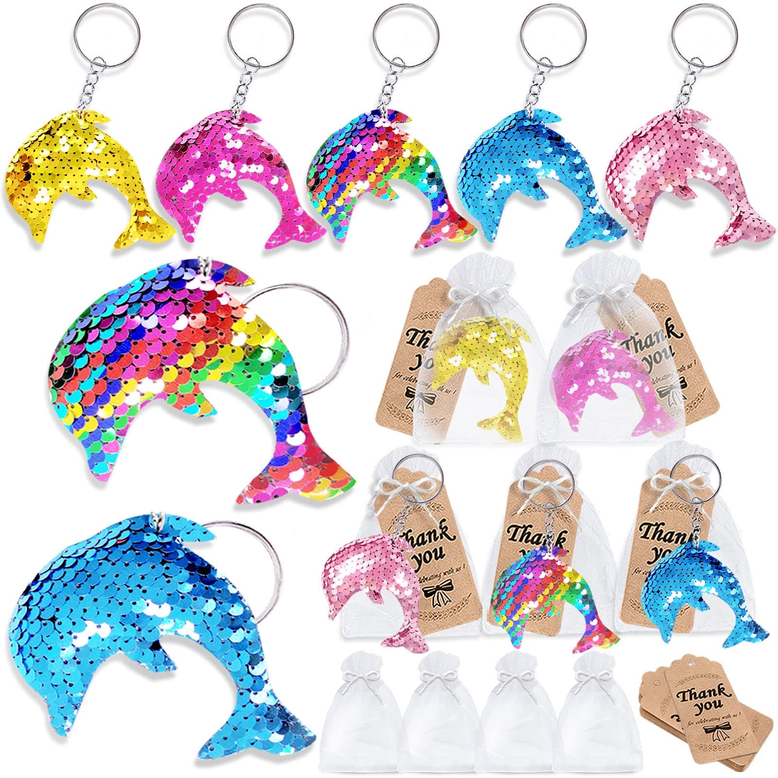 CiciBear60 Pack Dolphin Sequin Keychains Set with 20 Dolphin Keychains, 20 Thank You Tags and 20 Gift Bags for Ocean Themed Party Favors, Kids and Adults Birthday Gift, Baby Shower,Christmas Party