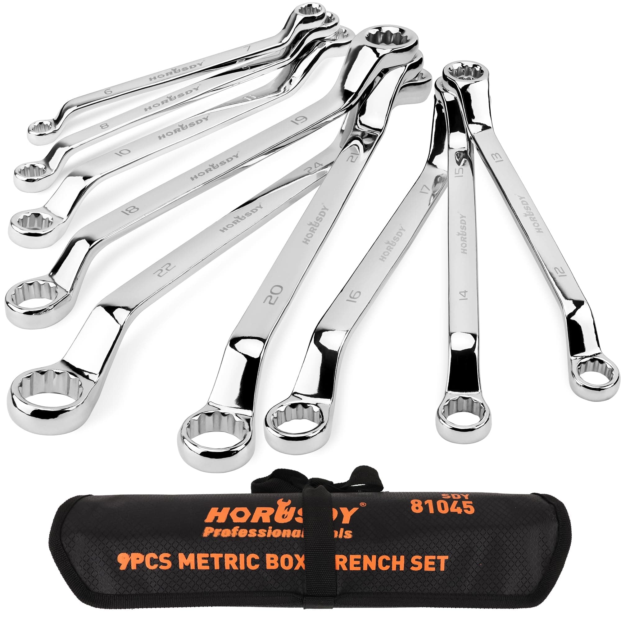 HORUSDY 9 Piece Metric Offset Box Wrench Set with Rolling Pouch 75 Degree Metric 6-24mm CR-V Steel