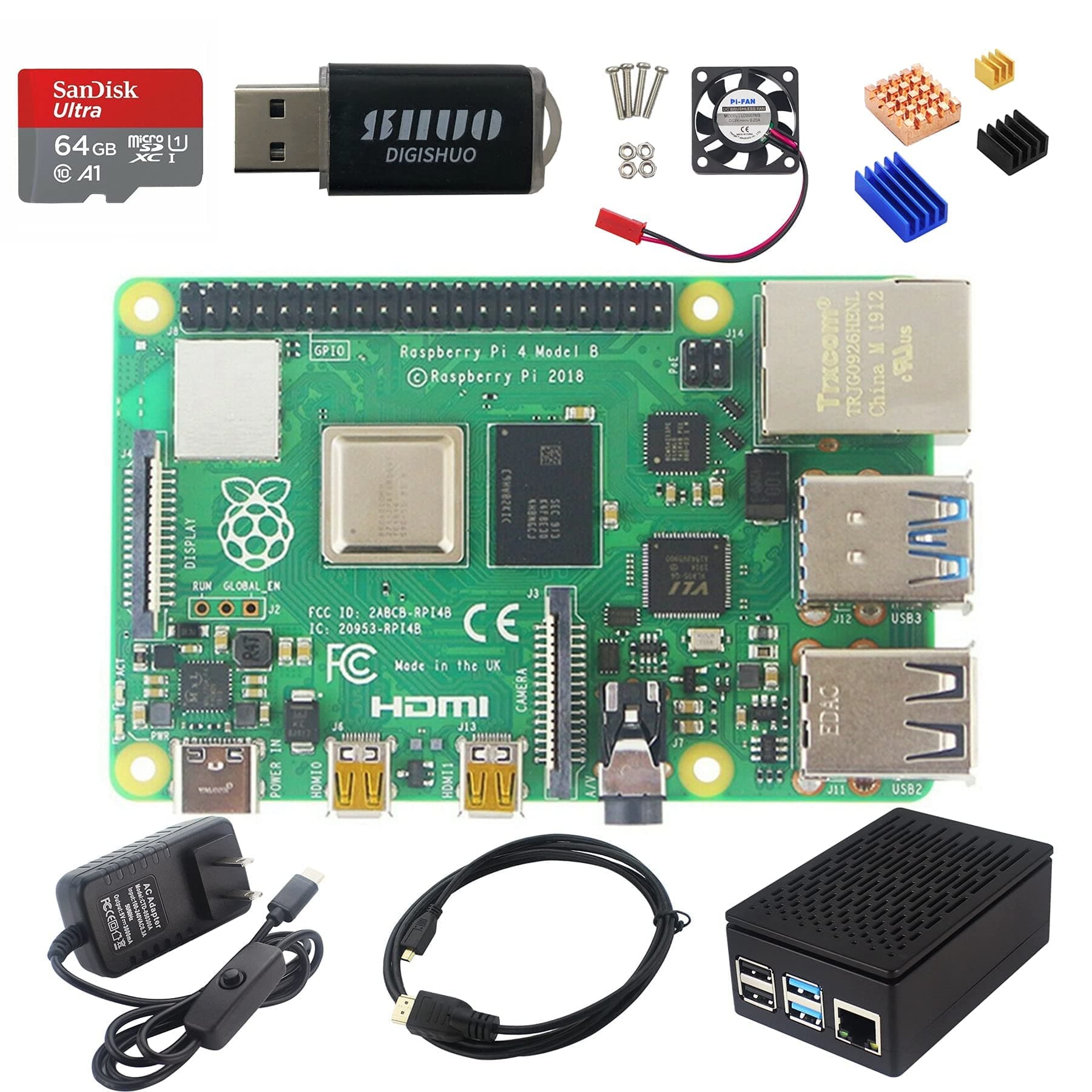 DIGISHUO Raspberry Pi 4B Model B 8GB RAM DIY Kit | with Case | Pi Cooling Fan | San Disk 64G SD Card Micro-SD | Micro HDMI Cable | Sufficient 5V 3A Power Supply (8G Module 8 in 1 Kit)