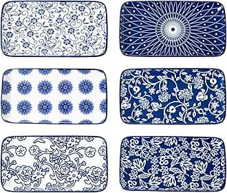 Ceramic Rectangle Salad Plates Set - 8.1" x 4.5" Rectangular Serving Platter - Serving Trays for Sushi Dinner Dessert Pasta Appetizer - Oven Microwave Dishwasher Safe - Set of 6 - Vintage Blue