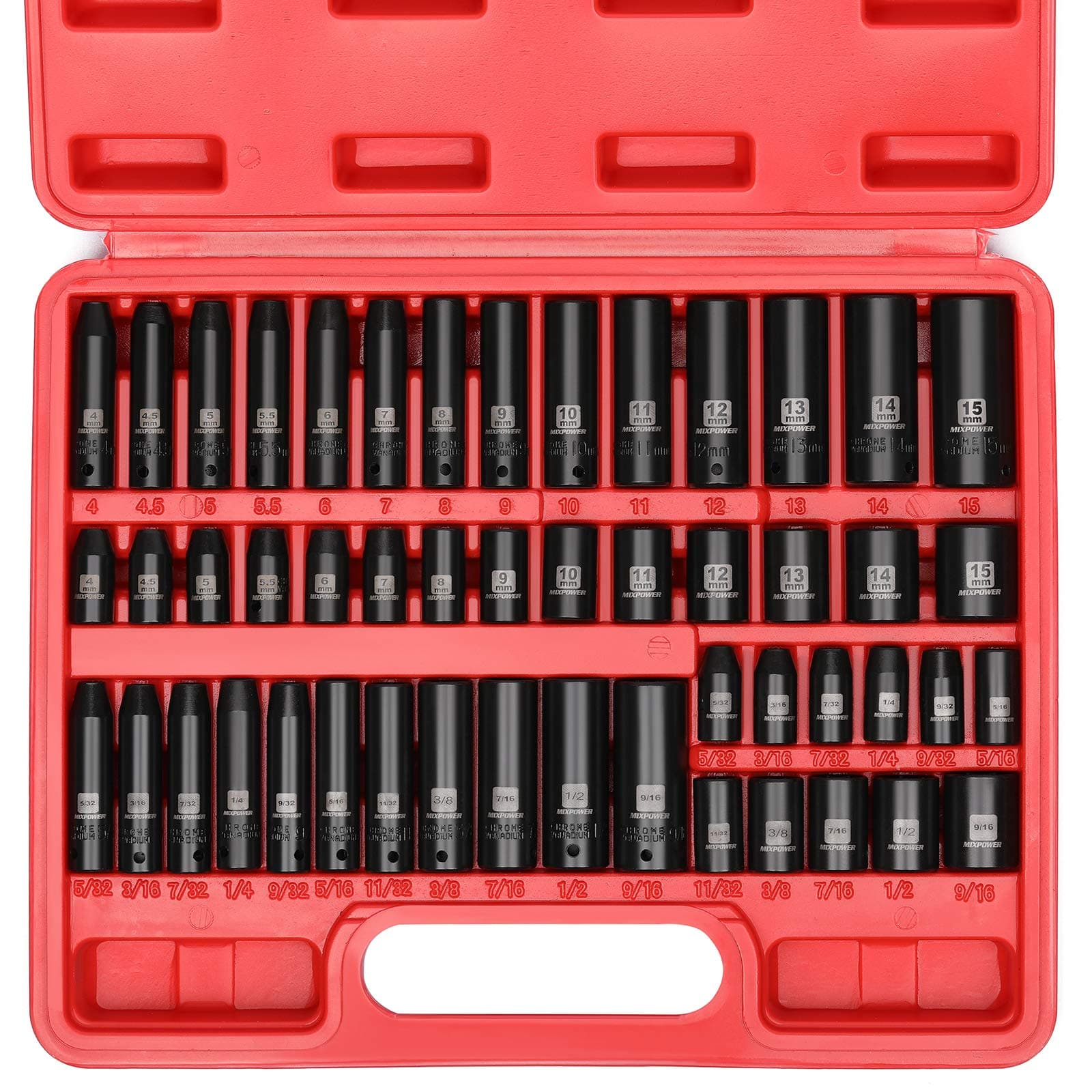 MIXPOWER 55 Pieces 1/4" Dr. Impact Socket Set, CR-V, 6 Point, SAE/Metric, 5/32 Inch - 9/16 Inch, 4mm - 15mm, Shallow/Deep, Including Adapter, Extension, Universal Joint