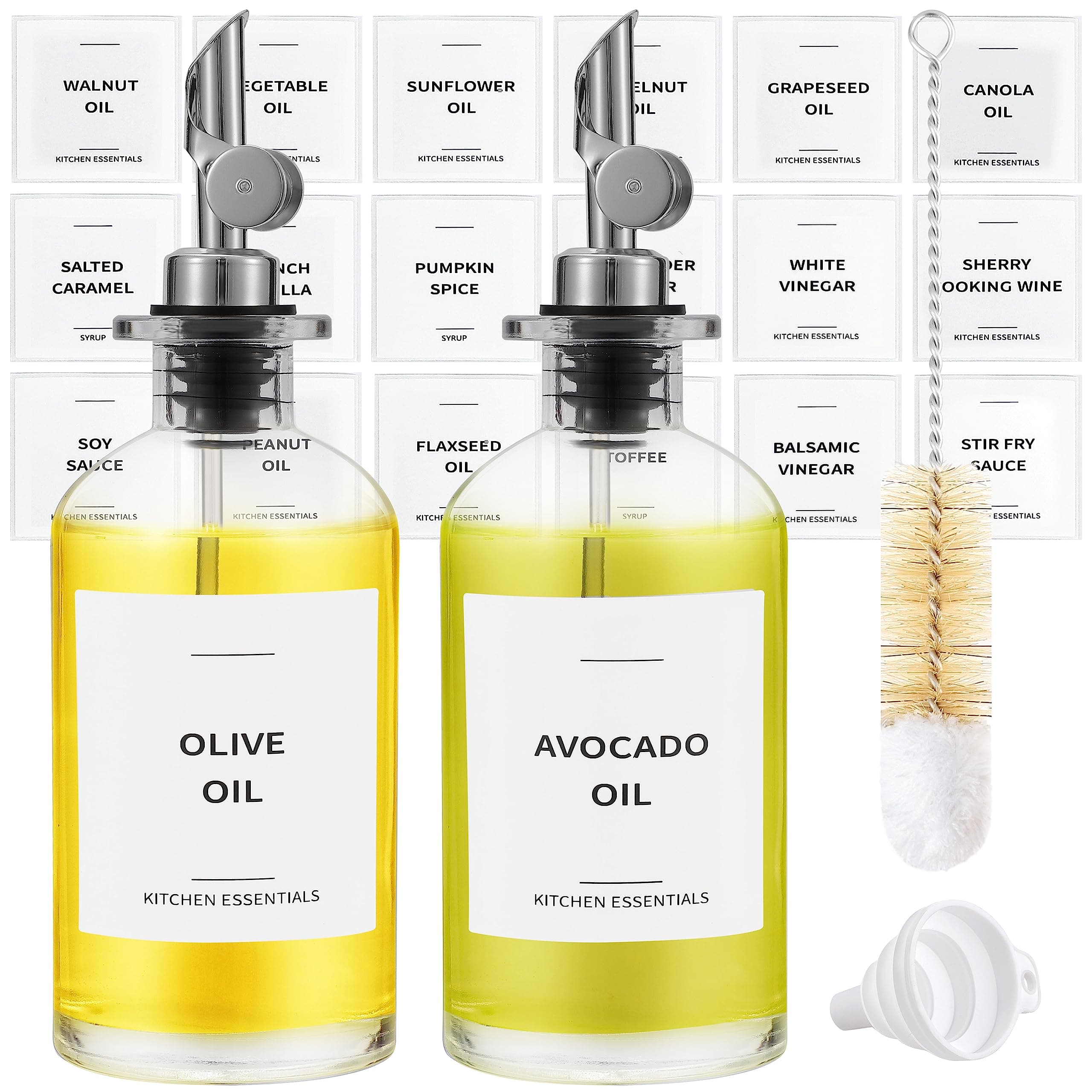 Olive Oil Dispenser Bottle - Includes 55 Kitchen Essential Labels - Cooking Oil Bottles for Kitchen, Coffee Syrup Dispenser - Pourer Spout with 11.8 fl oz Glass Container Cruet - 2pcs Silver