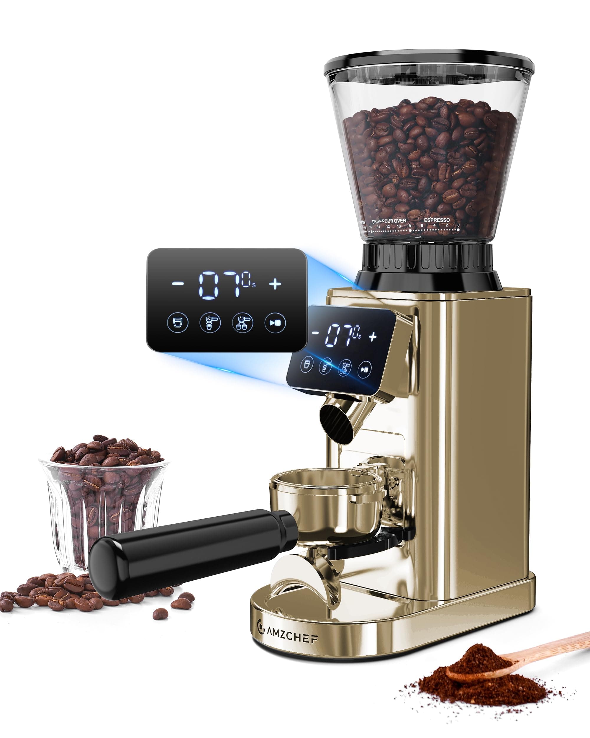 AMZCHEF Electric Coffee Grinder with Removable Stand and Container, LCD Touch Screen, 24 Precise Settings, Coffee Grinder for Espresso, Filter, Pouring Spout, Cold Brewing, Piston Coffee Maker