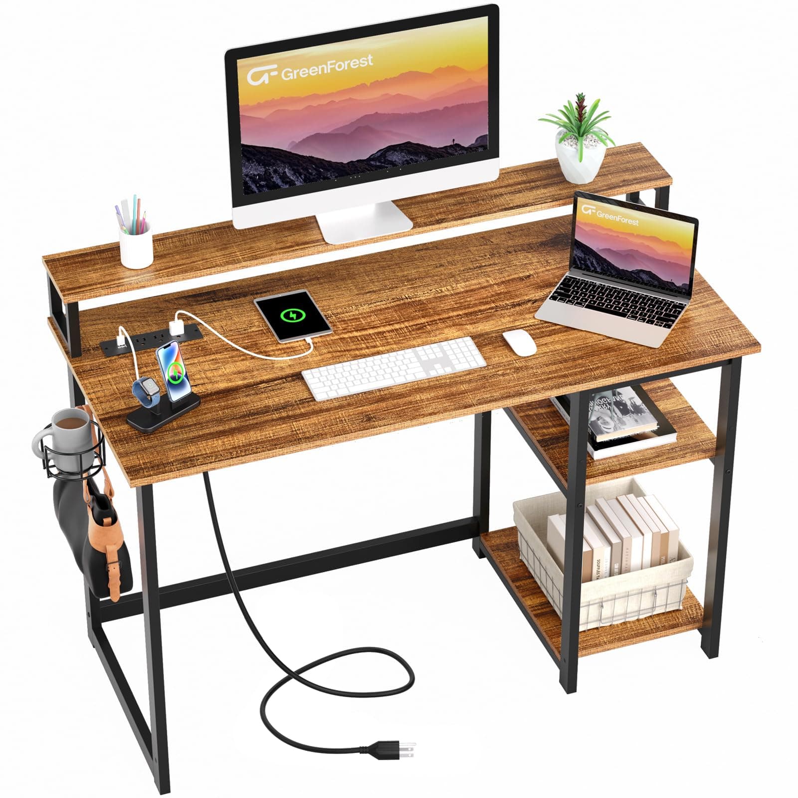 GreenForest 40 inch Computer Desk with Power Outlets, Small Home Office Desk with Ergonomic Monitor Stand, Reversible Gaming Desk, Modern Study Desk, Laptop Desk, WalnutThe Forest Stewardship Council