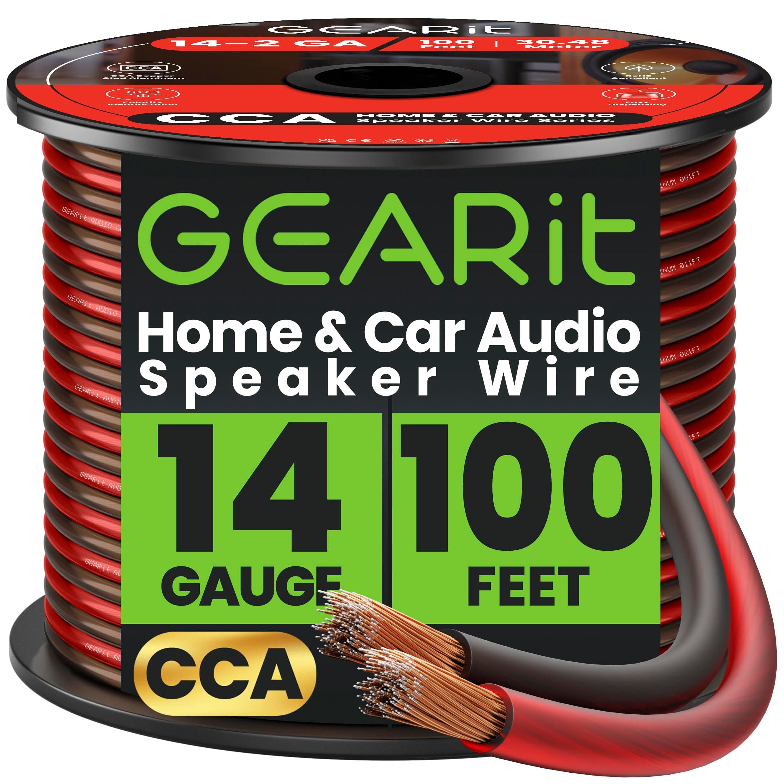 14 Gauge Speaker Cable 100ft, 2x2.5mm² CCA Copper Clad Aluminum Speaker Wire for Hifi Home Theater Speakers & Car Audio Stereo, 14AWG Flexible Audio Cable for DIY (30.48M - Black Red)