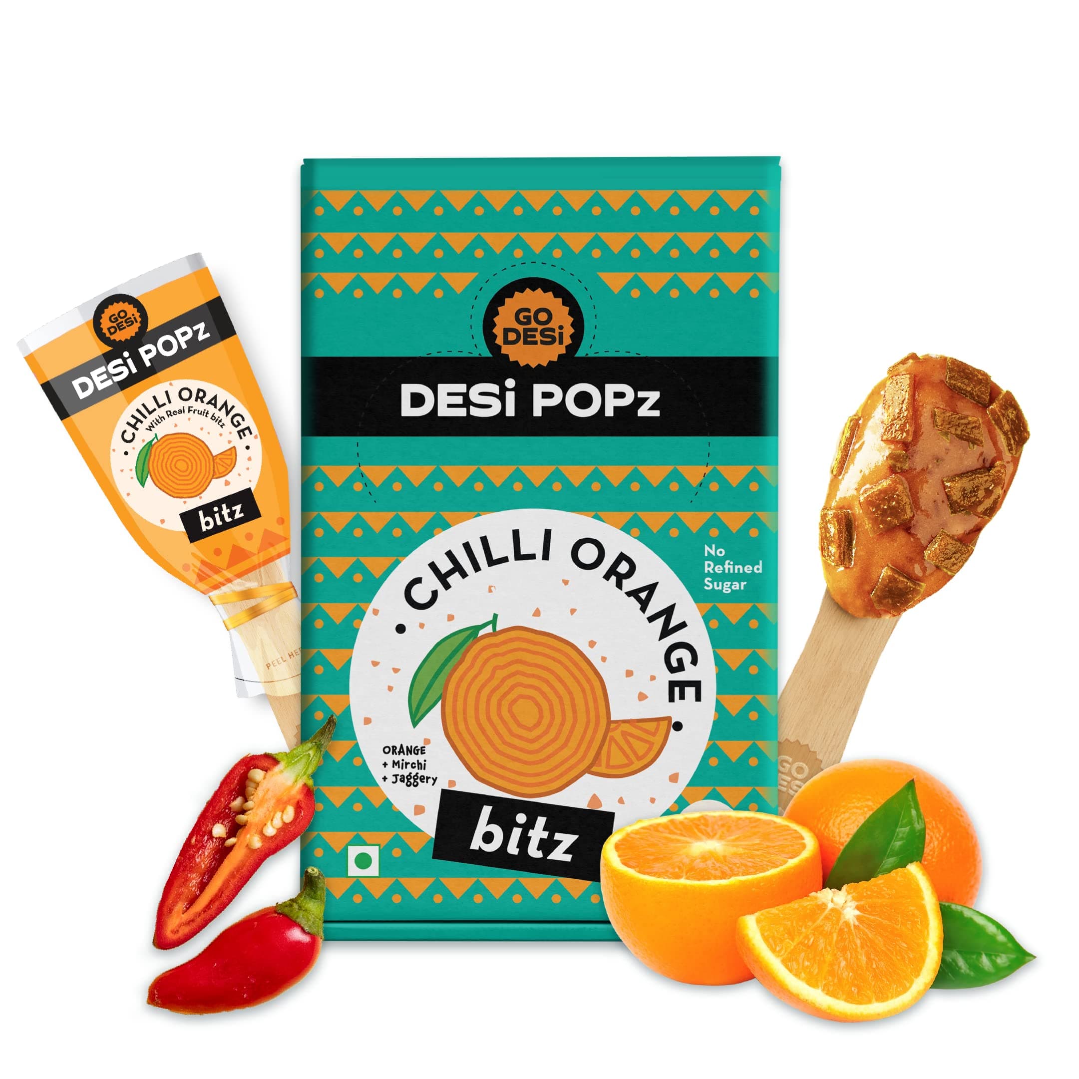 Popz with Bitz - Chilli Orange Pop | Orange & Chilli Candy | Fruit Toffee | Indian Snacks | 50 Pieces | 400g Candy Packet