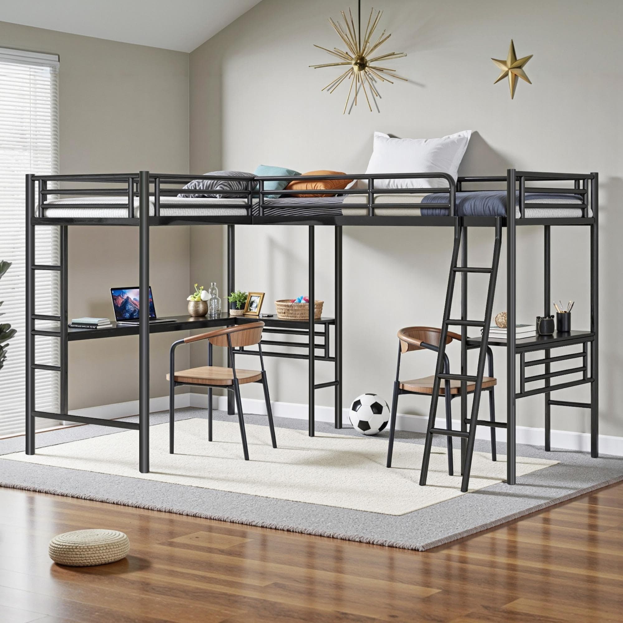 INCLAKE Twin Size L-Shaped Loft Bed with 2 Built-in Desks, Metal Loft Corner Bed with 2 Ladders and Safety Guard Rail, Heavy-Duty Bunk Bed for 2 Children Adults, Space Saving & No Noise, Black