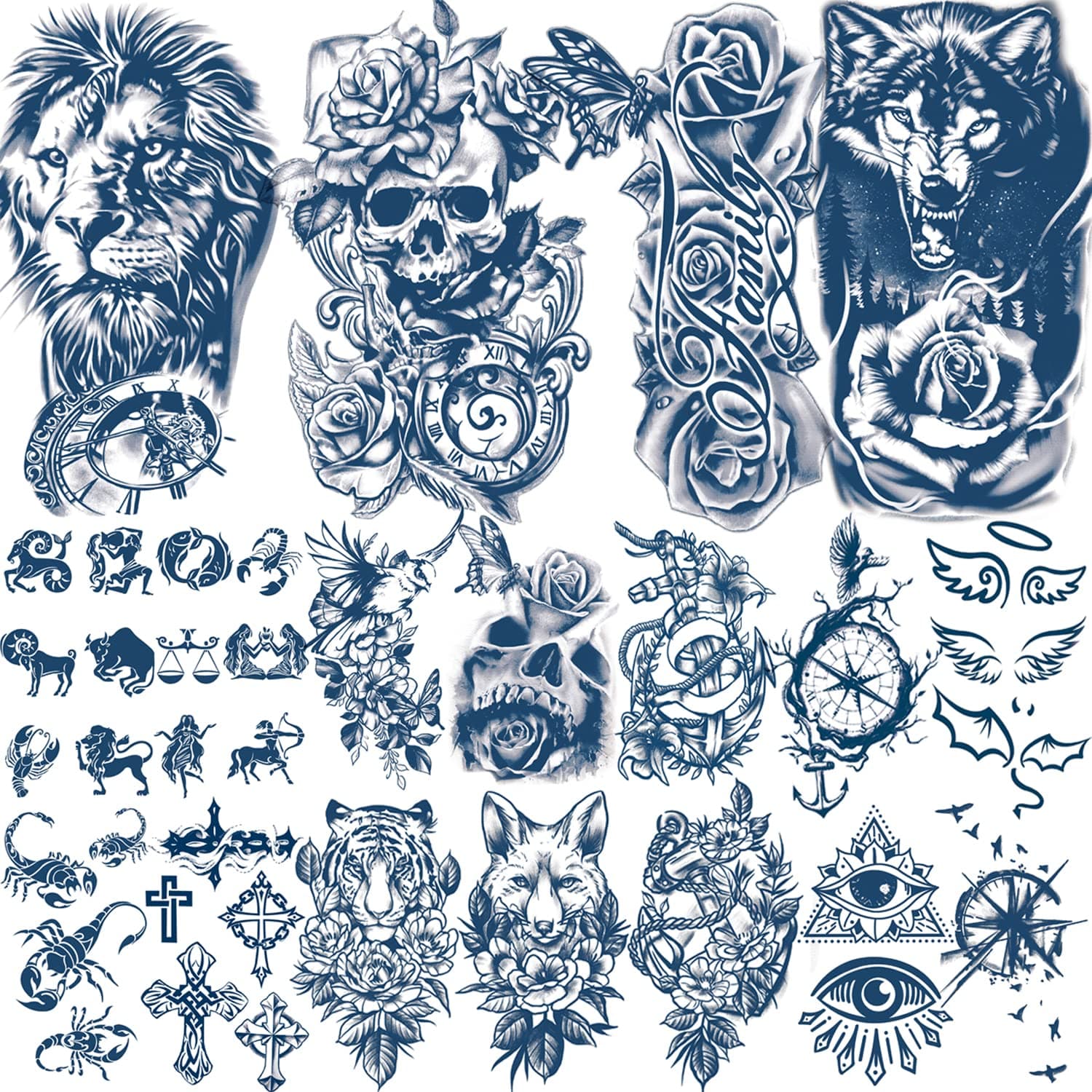 18 Sheets Semi-Permanent Tattoos for Women,4 sheets Large Flower Rose Dark Blue Fake Tattoos and 14 sheets Small Tattoo for Adult Men Kids Lasting 1-2weeks Waterproof Temporary Tattoos Stickers (Wolf)