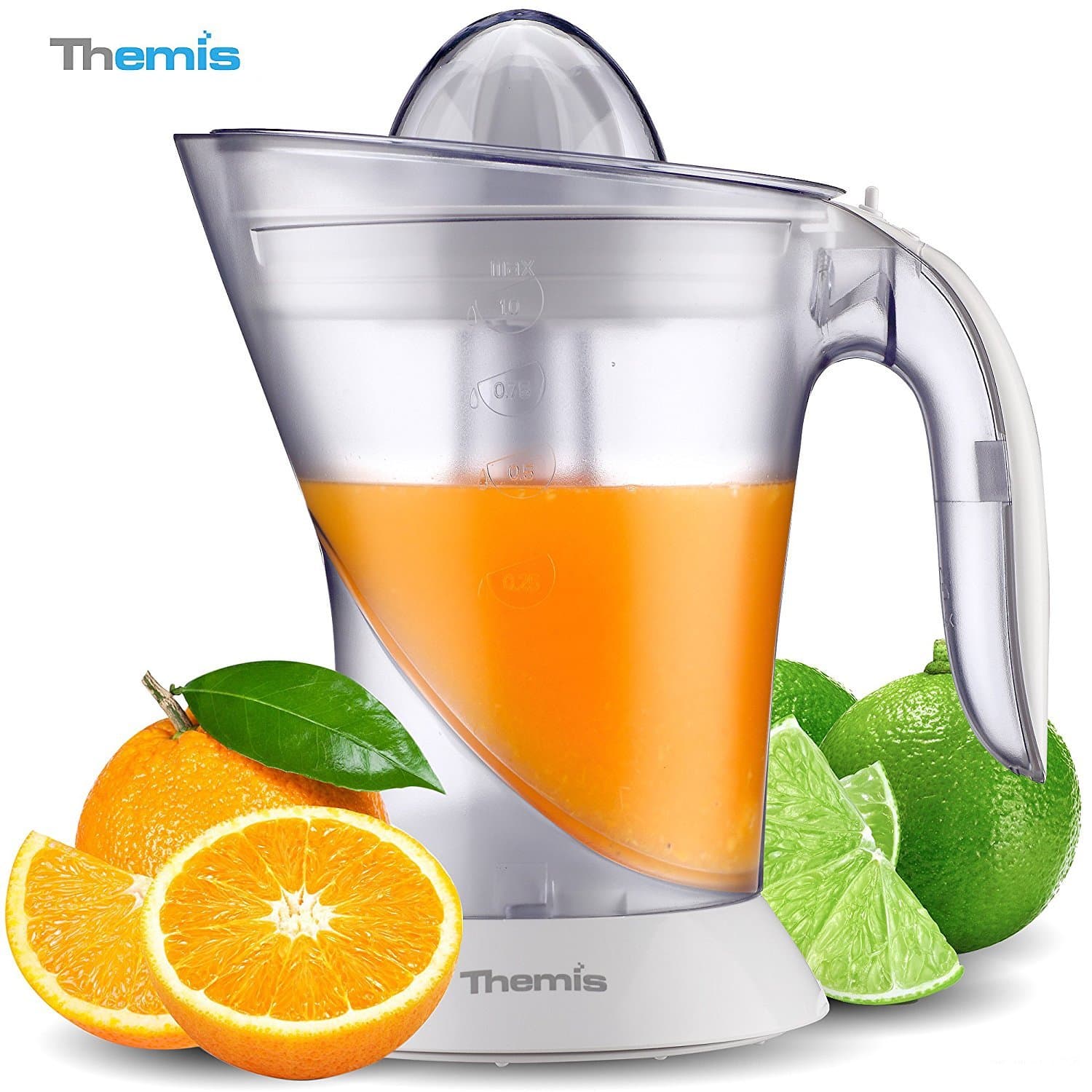 THEMIS CJ3371 Adjustable Pulp Control Electric Citrus Juicer, 2 Size Juicing Cones, 1 Liter 35 Ounce - White