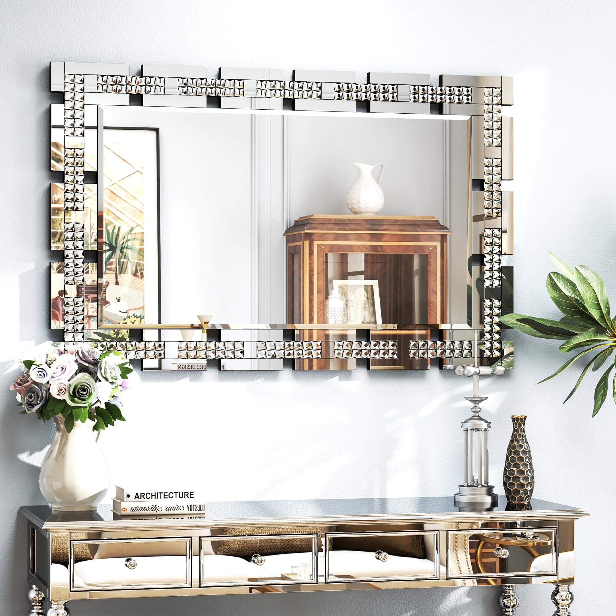 Chende 24" x 47" Large Decorative Mirror with Crystal, Elegant Wall Mirror with Beveled Edge and Glass Frame, Modern Living Room, Bathroom Decor, Unique Design, Horizontal/Vertical Hanging