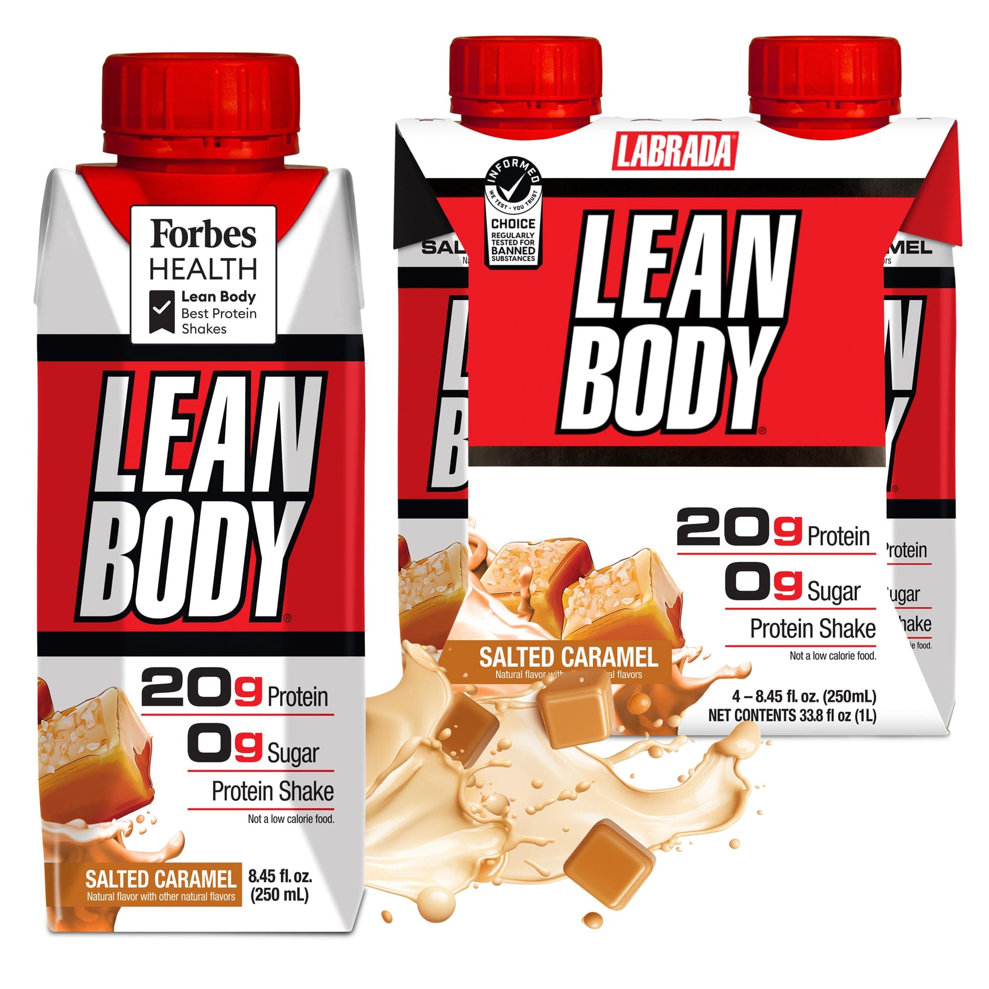 Nutrition Lean Body Ready to Drink Protein Shake (Pack of 4, Salted Caramel, Meal Replacement Shake, Men & Women, 20 Grams of Protein) Zero Sugar, Lactose & Gluten Free