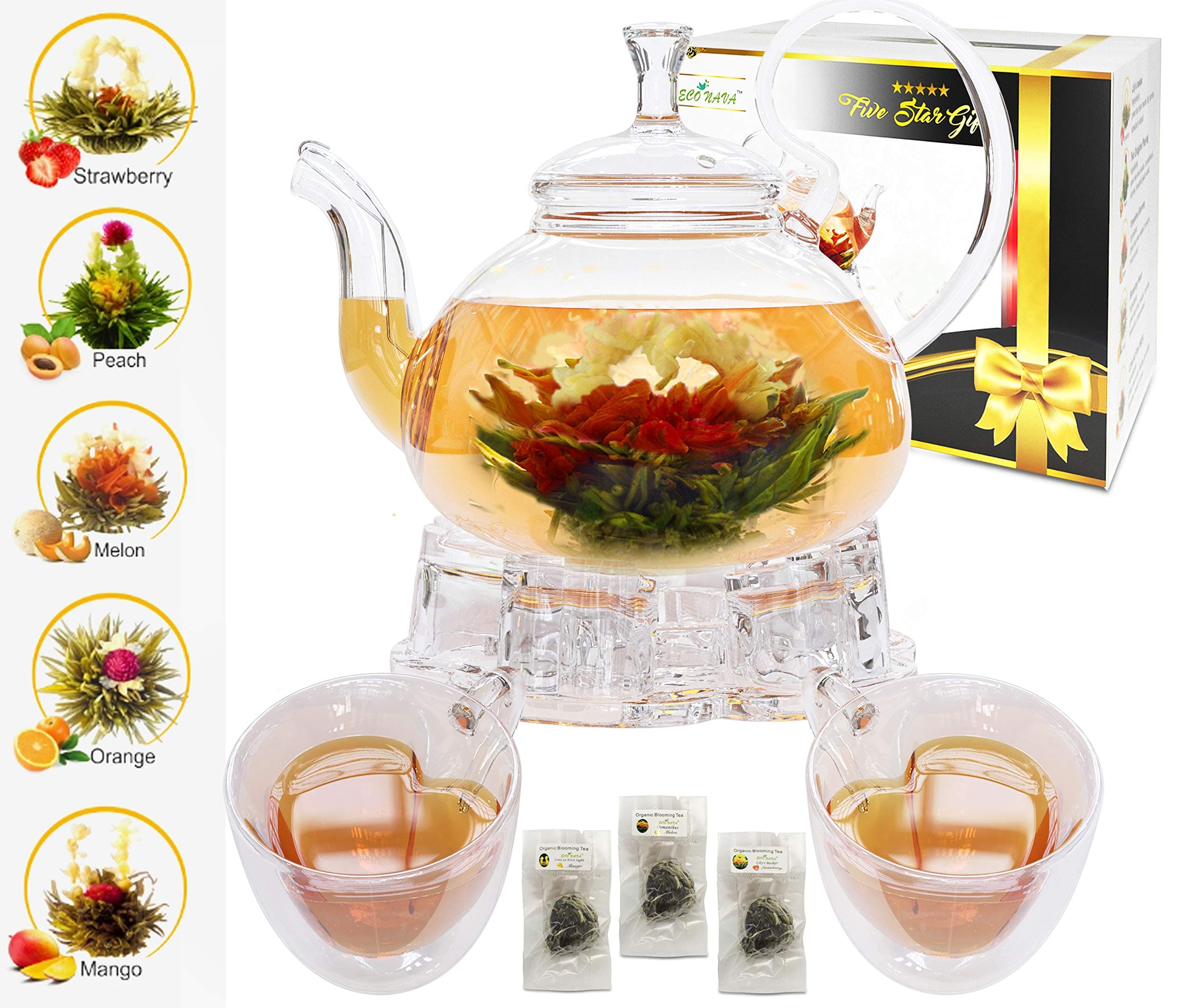 ECO NAVA Five Star Gift Flower Tea Gift Box Set: 750ml Glass Teapot with Filter Infuser, Heart Glass Warmer, 2 Set of Drinking Heart Cups Double Wall & 5 Blooming Flowering Green Tea Balls