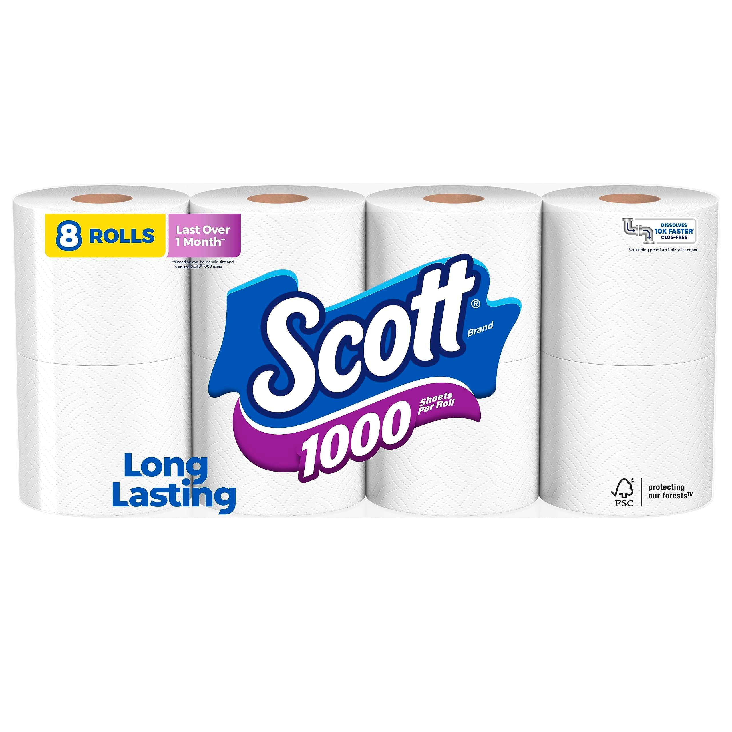 1000 Sheets Per Roll, 8 Toilet Paper Rolls, Bath Tissue