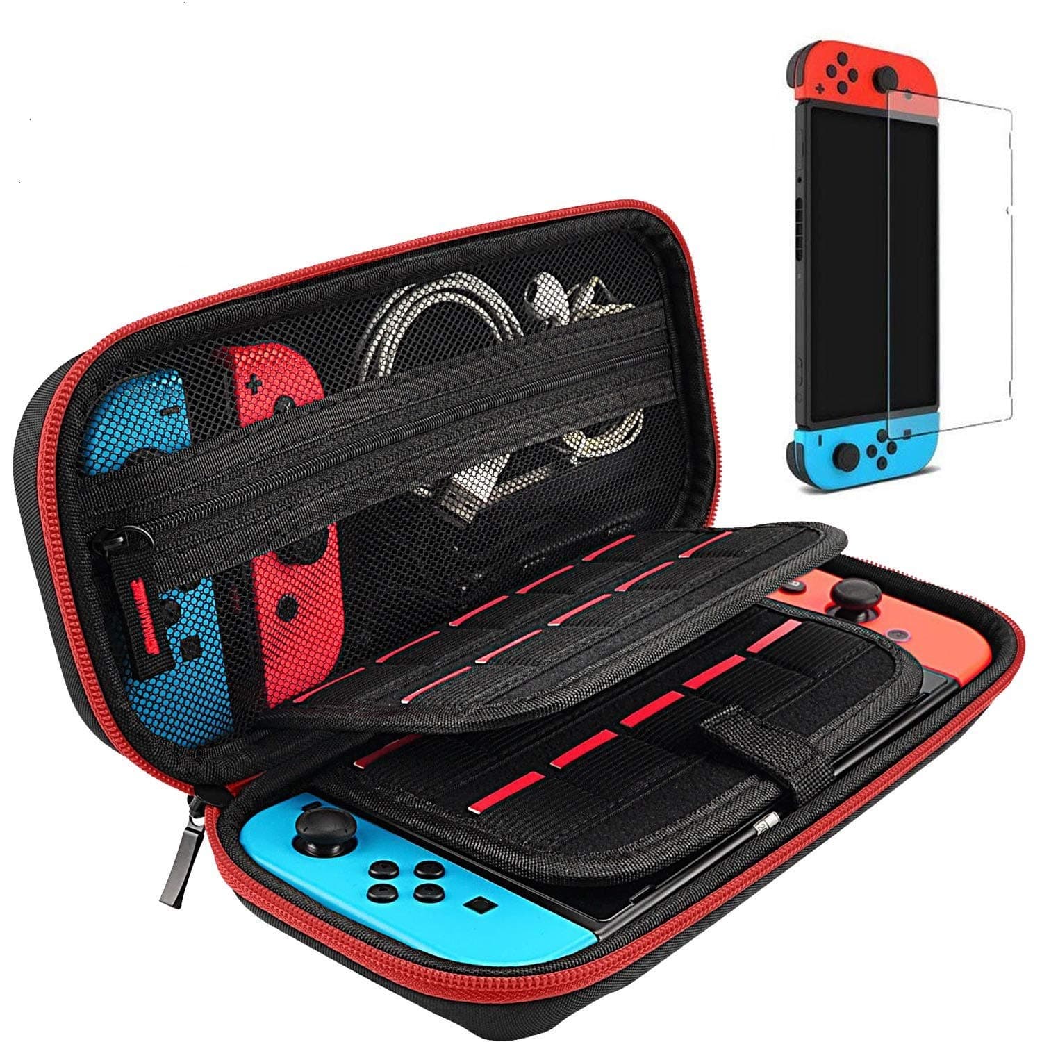 daydayup Switch Case and Tempered Glass Screen Protector Compatible with Nintendo Switch - Deluxe Hard Shell Travel Carrying Case, Pouch for Nintendo Switch Console & Accessories, Streak Red