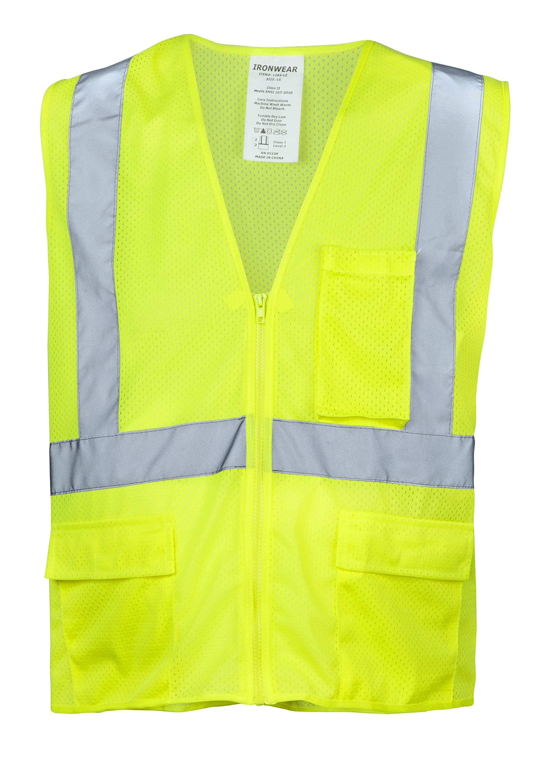 Ironwear 1284-LZ-RD ANSI Class 2 Flame Retardant Polyester Mesh Safety Vest with Zipper and 2" Silver Reflective Tape, Large, Lime