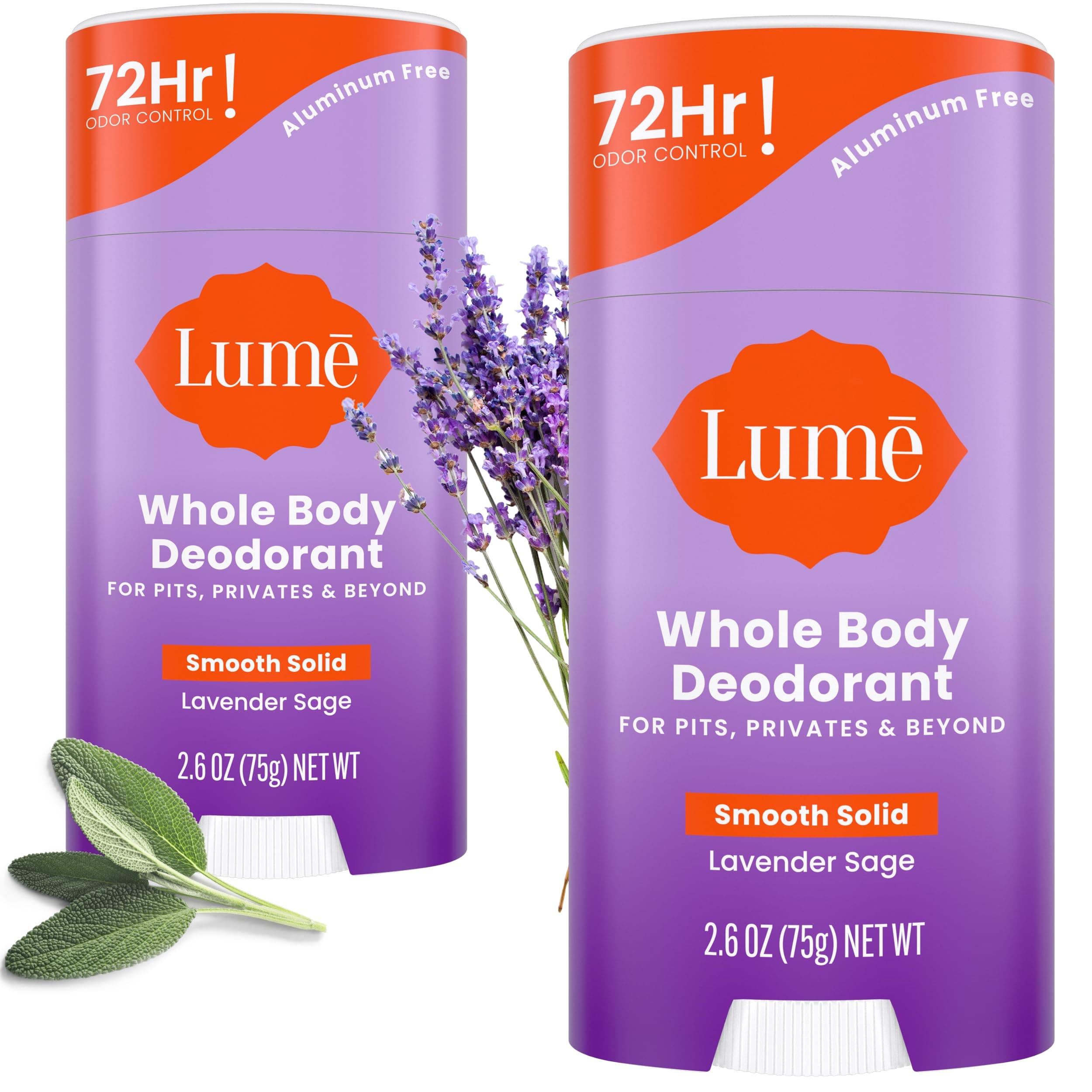 Whole Body Deodorant - Smooth Solid Stick - 72 Hour Odor Control - Aluminum Free, Baking Soda Free and Skin Safe - 2.6 Ounce (Pack of 2) (Lavender Sage)