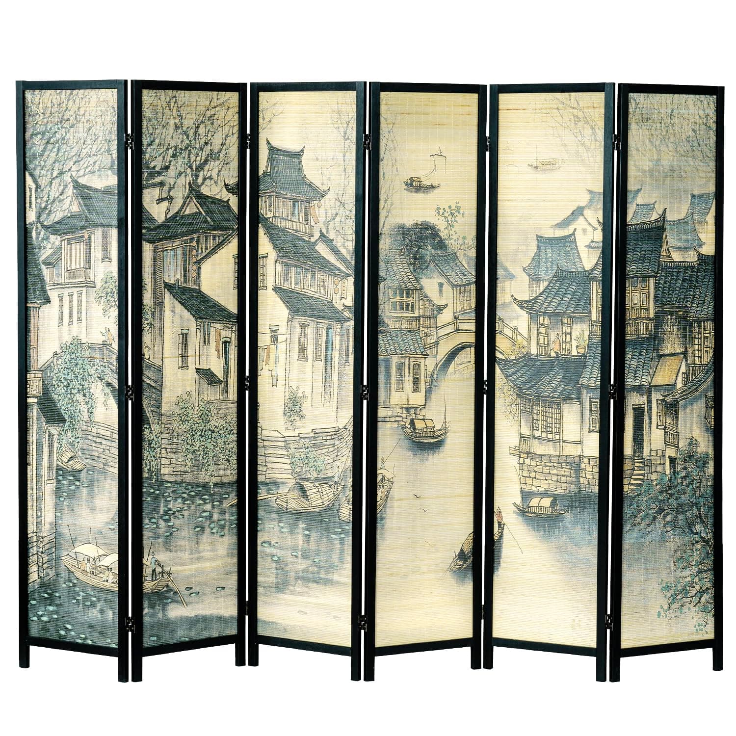 MyGift 6 Panel Room Divider Privacy Partition with Dual-Sided Vintage Asian W...
