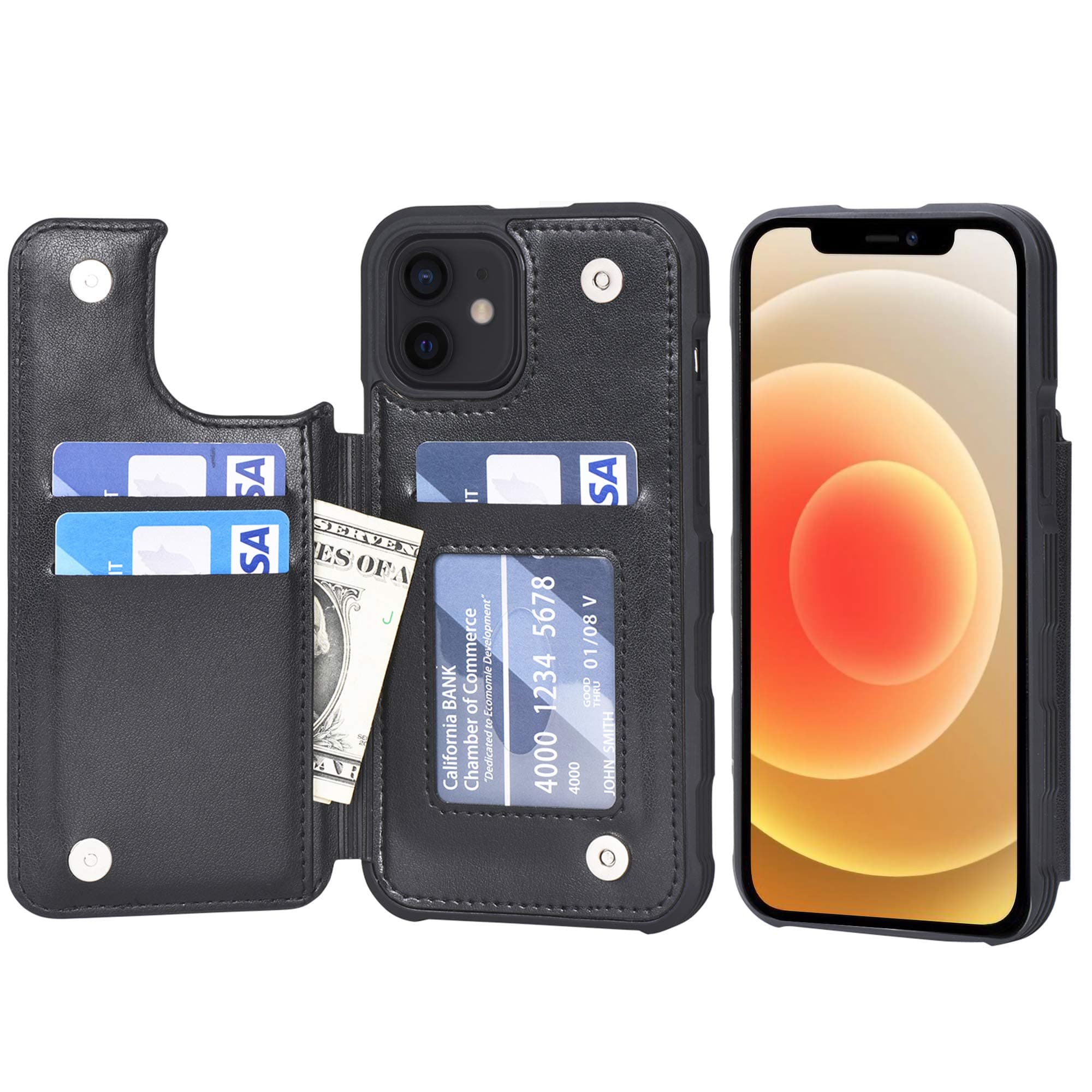 AraeCase for iPhone 12 and iPhone 12 Pro - Wallet Cover with PU Leather Card Holder - Black
