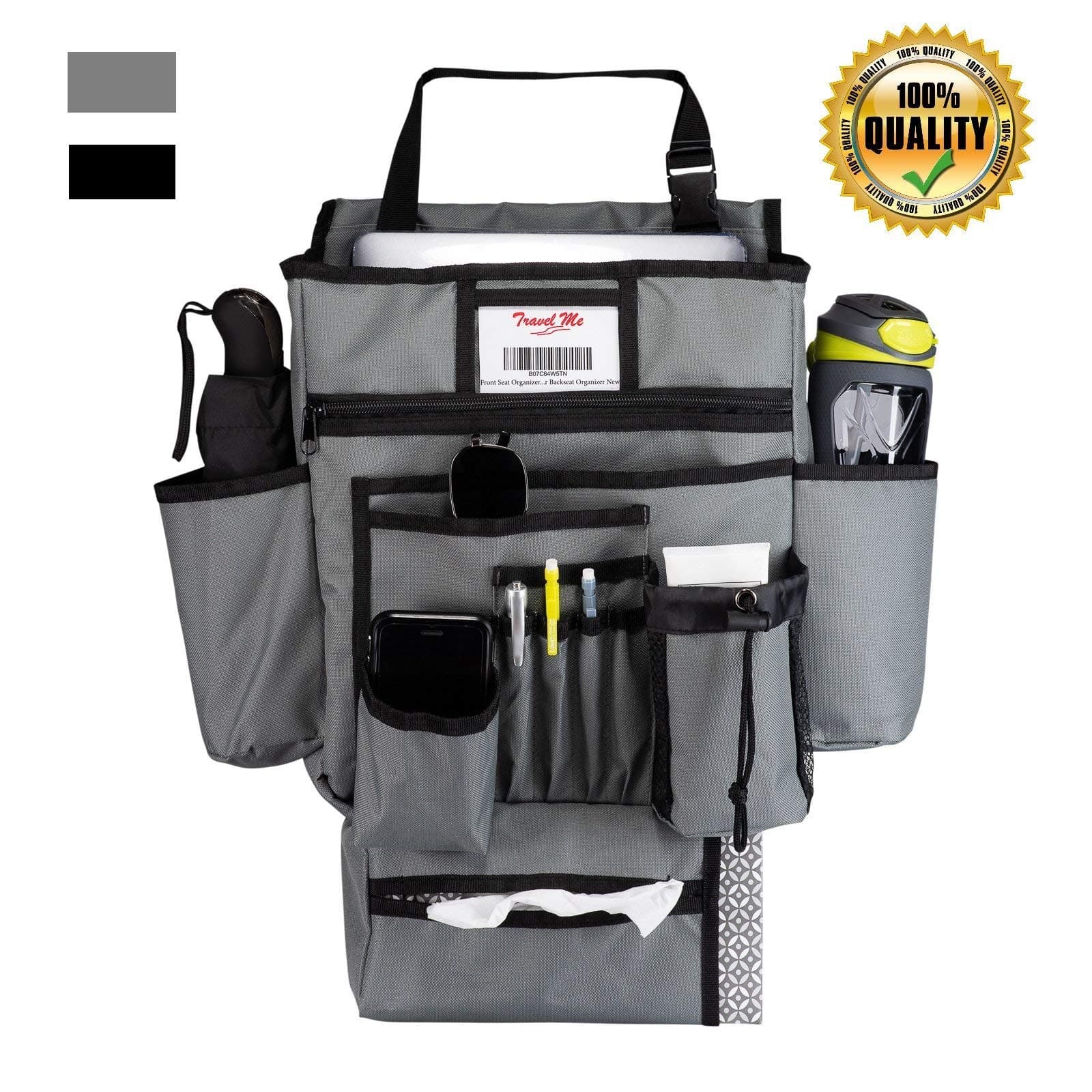 Front Seat Car Organizer - Driver Accessory - Passenger Seat Organizer w Tissue Box Holder - Thermos Bottle Holder - Laptop Tablet Protective Pocket - Waterproof