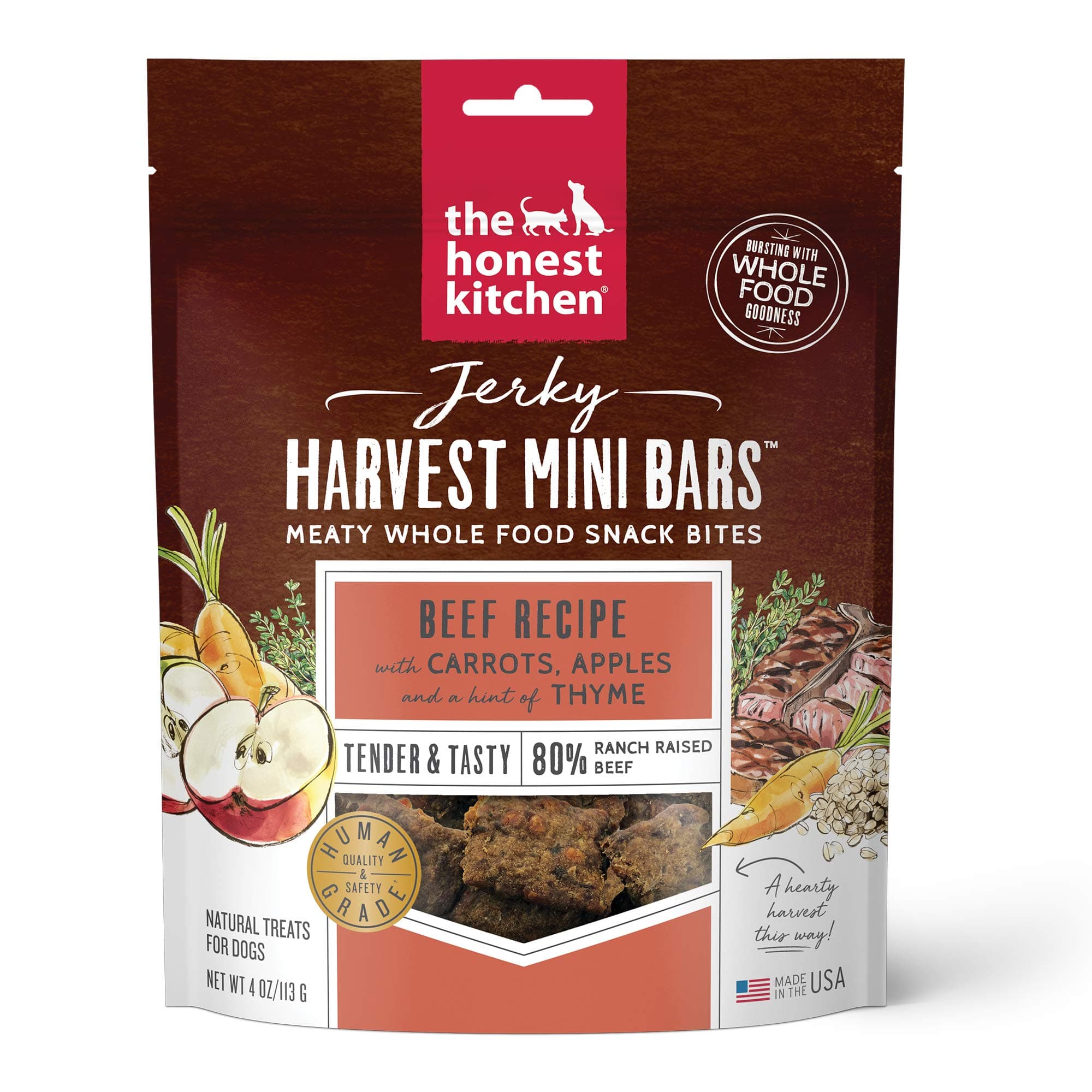 The Honest Kitchen Human Grade Jerky Harvest Mini Bars: Beef Recipe With Carrots & Apples, 4 oz Bag