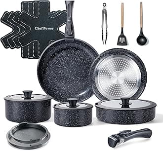 Chef Power Ceramic Nonstick Cookware Set 19 Piece with Detachable Handle, Induction Dishwasher Oven Safe Pans and Pots Set, RV Kicthen Set Removable Handle, Rock Stone Black