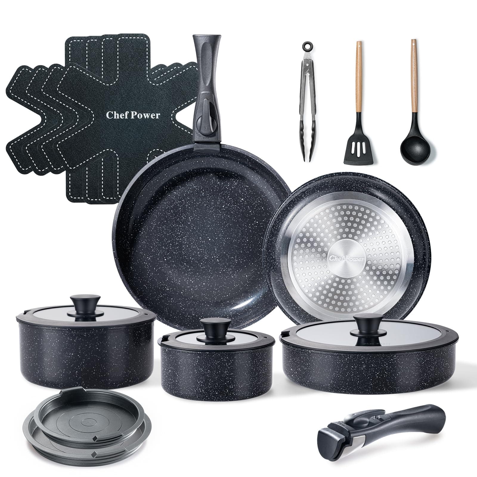 Chef Power Ceramic Nonstick Cookware Set 19 Piece with Detachable Handle, Induction Dishwasher Oven Safe Pans and Pots Set, RV Kicthen Set Removable Handle, Rock Stone Black
