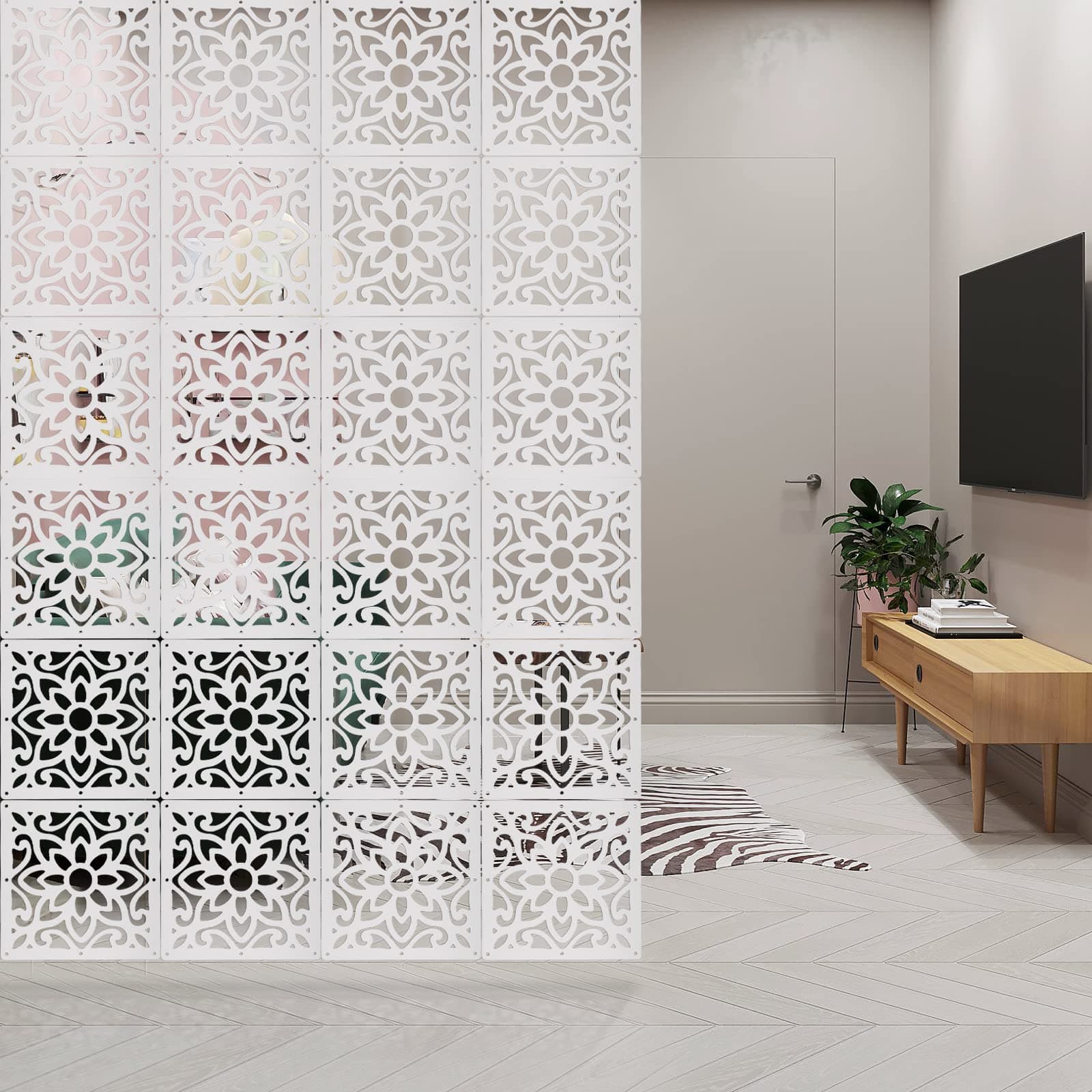 ANMINY 24 PCS Hanging Room Divider Decorative Thick Wall Screen Panels Floral Carving Pattern Hollow Out Design for Bedroom Living Dining Room Kitchen Office Restaurant Home Hotel Decor - White Flower