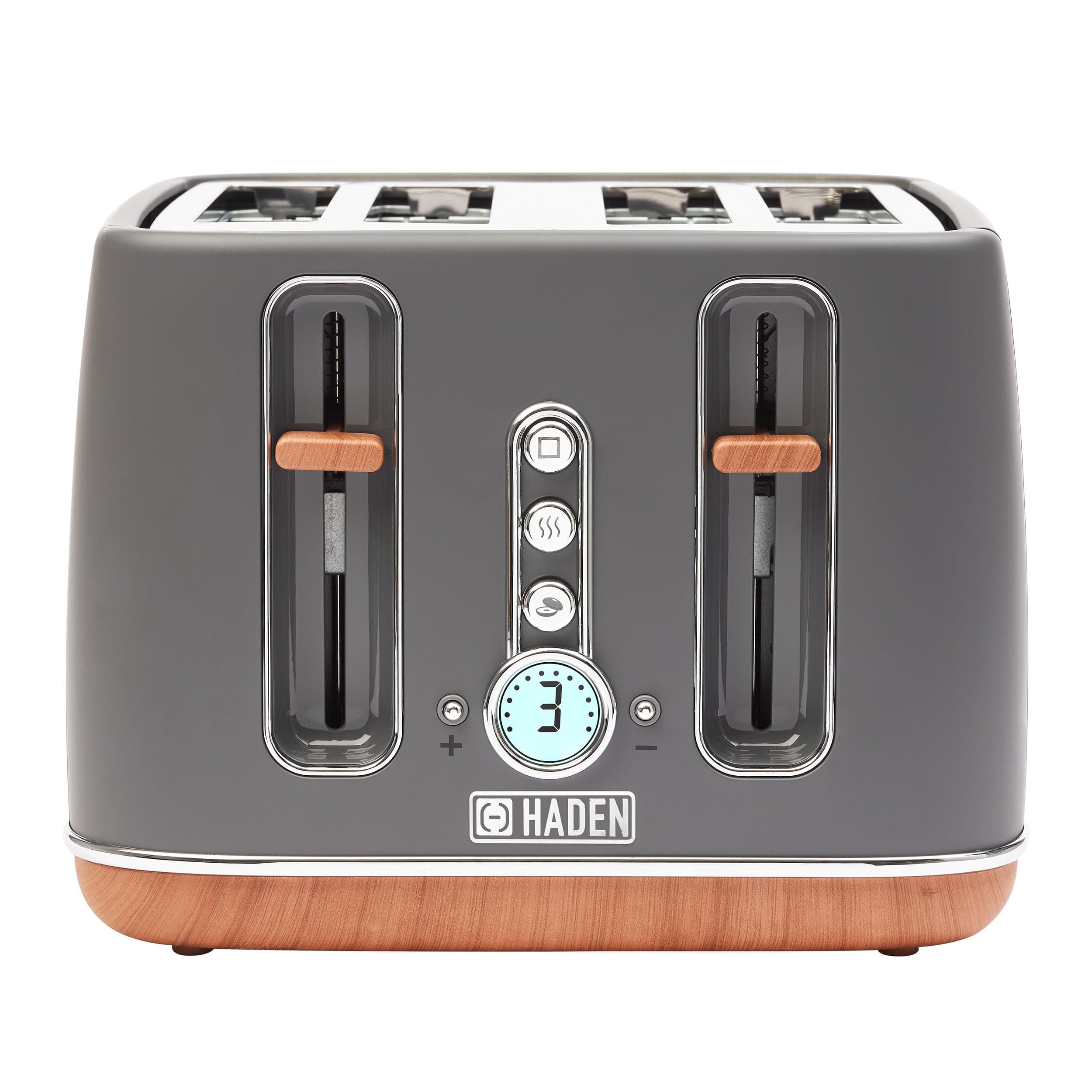 Dorchester Grey Toaster 4 Slice - Variable Browning Levels - Digital Controls & Wide Slots 4 Slice Toaster - Cancel/Defrost/Reheat Settings - With Wood Effect Finish