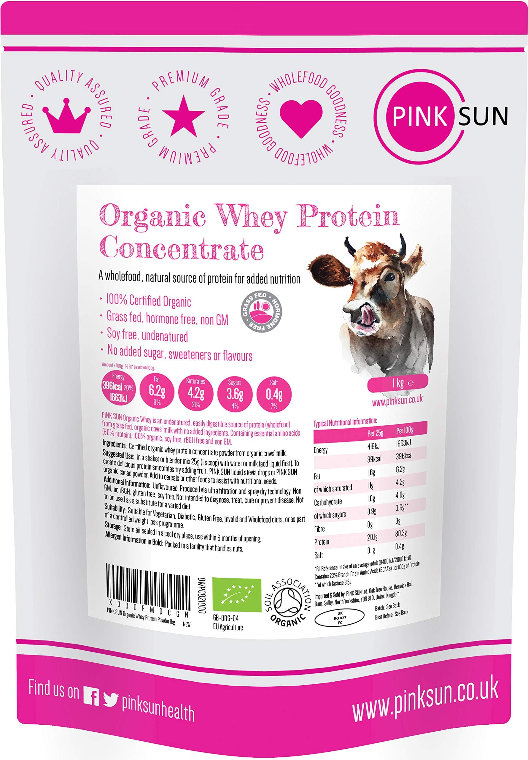 Organic Whey Protein Concentrate Powder Unflavoured 1kg (80% Protein with BCAA) Soy Free Grass Fed Gluten Free No Additives Vegetarian Undenatured Non GM Certified Bio UK