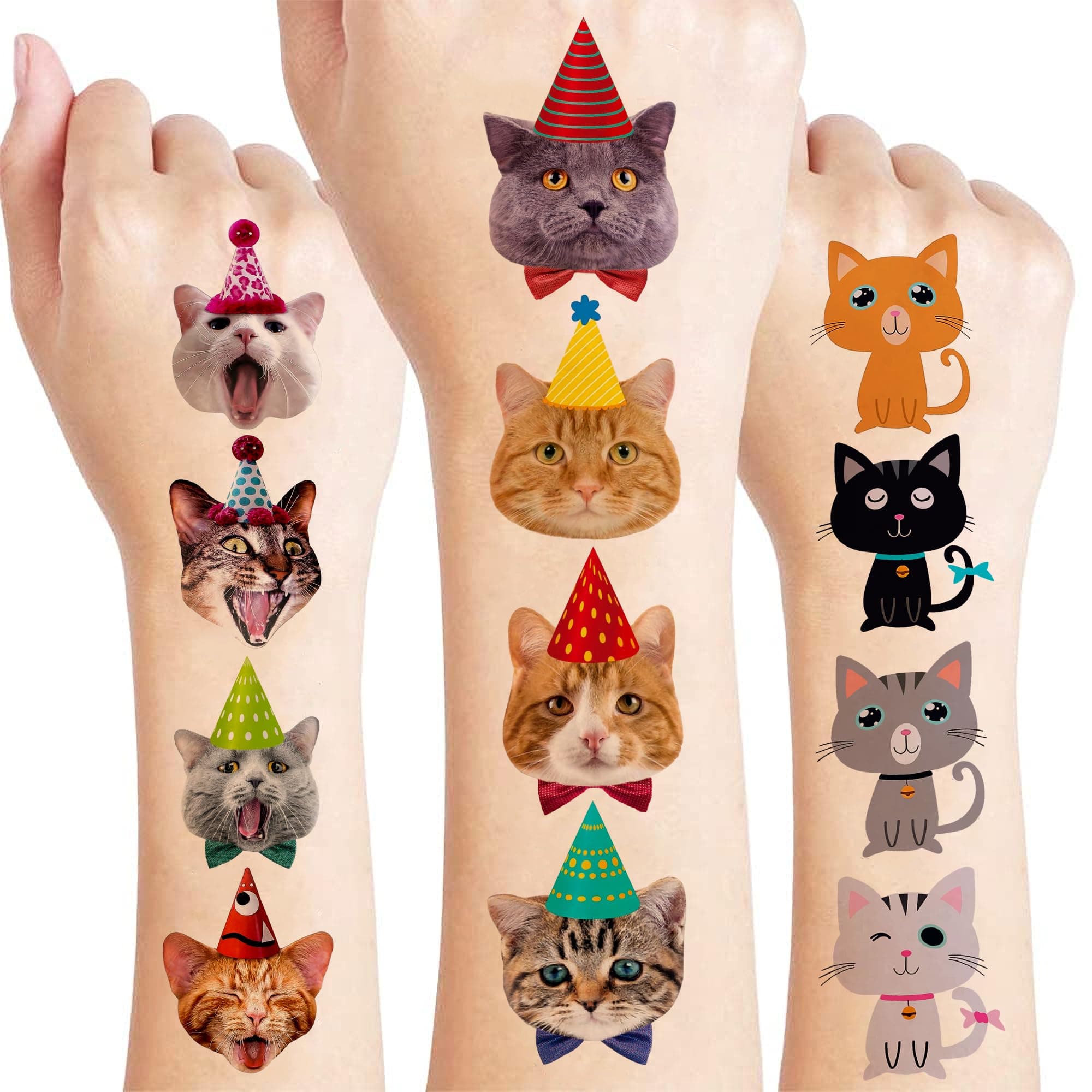 96 PCS Super Cute Cat Cats Pet Pre-Cut Temporary Tattoos for Kids Themed Birthday Party Supplies Favors Decorations 8 Sheets Fake Tattoo Stickers Gifts For Boys Girls School Rewards Home Activity