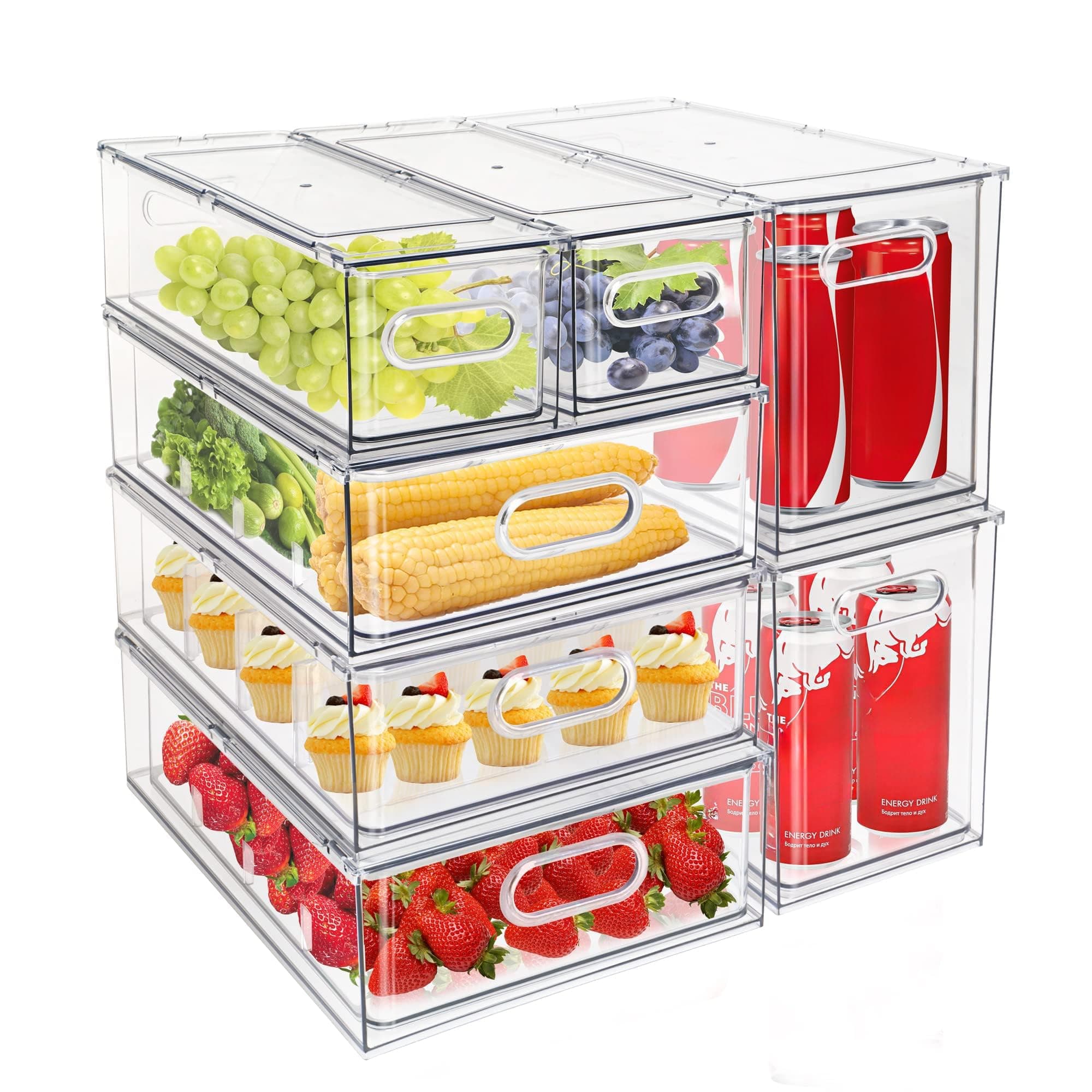 Mano Stackable Fridge Drawers Pull Out Bins with Handle Clear Refrigerator Drawers Organizer Food Storage Container Box with Dividers Plastic Produce Saver for Pantry, Cabinet, Kitchen, Clothes(7Pack)