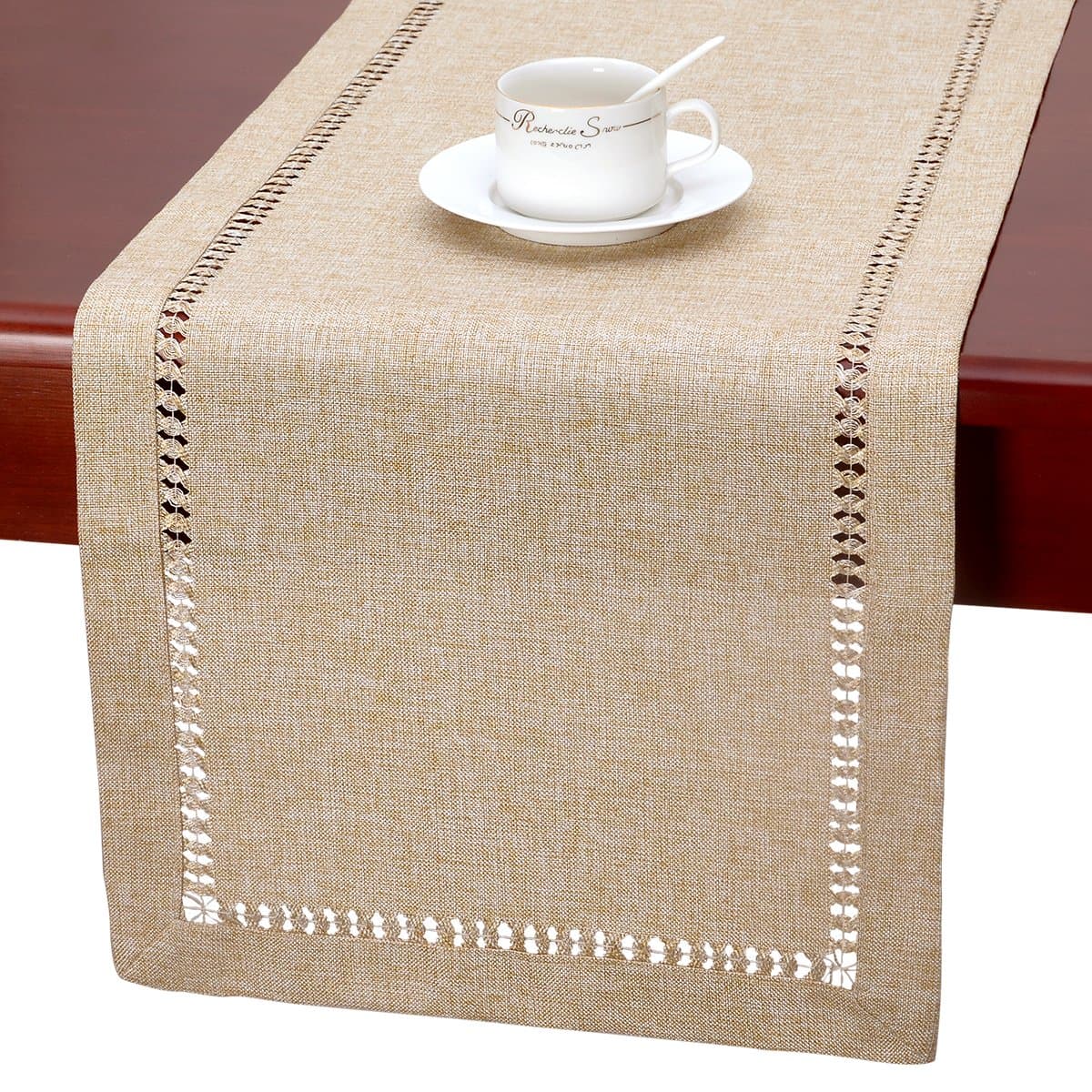 Grelucgo Handmade Hemstitch Beige Table Runner Or Dresser Scarf, Rectangular 14 by 36 Inch