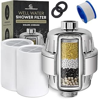 AquaHomeGroup Well Water Shower Head Filter (2 Cartridges Included) – Minimizes Rust Stains & Sediment – 5-Stage System with KDF 55, Zeolite & Ceramic Filter Media