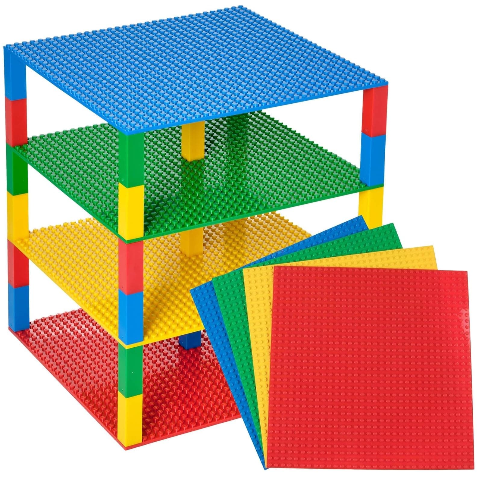Strictly Briks Classic Stackable Baseplates, Building Bricks For Towers | Compatible with LEGO Blocks, Compatible with LEGO Base Plates, Blue, Green, Red & Yellow, 4 Plates & 30 Stackers, 25cmx25cm