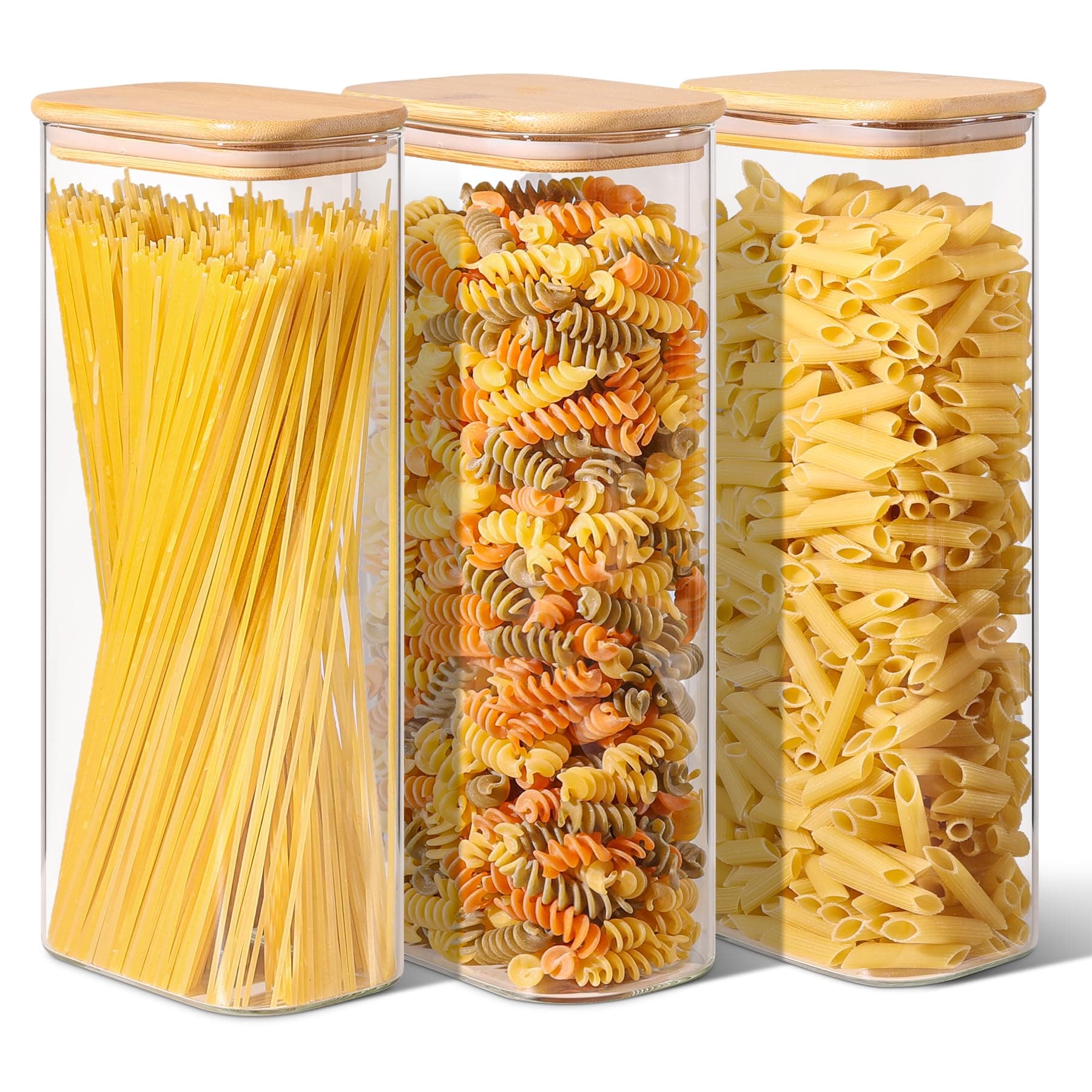 ComSaf 2.2 Qt Rectangle Glass Storage Containers with Lids, Glass Jars with Bamboo Lids, Clear Food Storage Jar, Tall Spaghetti Container, Pantry Storage Container for Pasta Flour Oats Nuts Rice