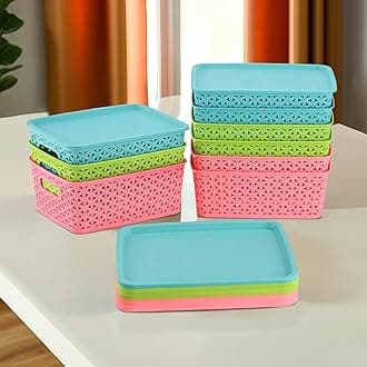 Kuber Industries 9 Pcs Stackable Plastic Storage Box with Lid | H3 Multi-Purpose Basket for Storage - Ideal Home Organizers for Baby Dress, Stationary, Medicine & Pooja Items | Multicolor