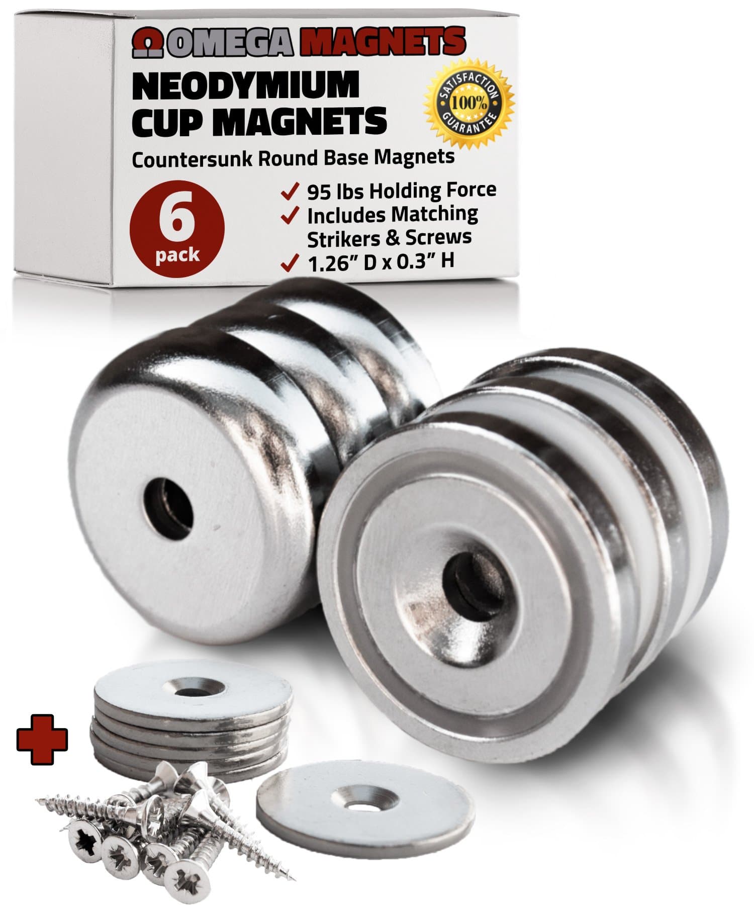 Strong Neodymium Cup Magnets (6 Pack) - 95 lbs Holding Force Rare Earth Magnets - 1.26 x 0.3 Disc Countersunk Hole Round Base Pot Magnets - Includes Screws and Mounting Strike Plates