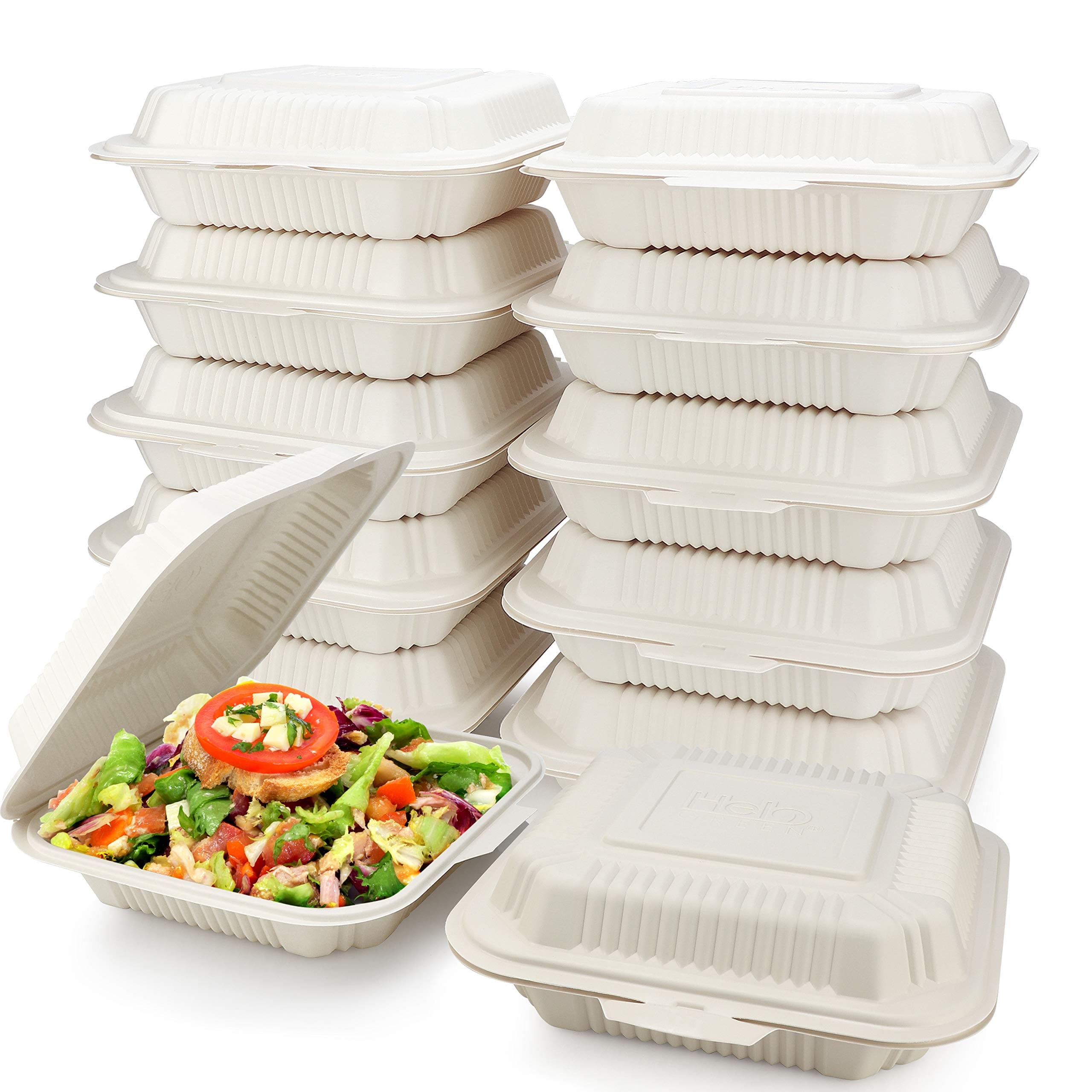 [200 Count] Eco Friendly to Go Containers [8"x8",1-Compartment] - Non Soggy, Leak Proof, Heavy-Duty Quality, Disposable Take Out Food Containers, Cornstarch, Microwave Safe