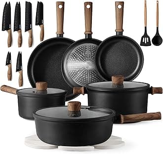 CAROTENon Stick Pots and Pans Set with Knife Set, Cookware Sets Nonstick 28 Piece, Kitchen Cooking Set with Stay-Cool Handles,with Silicone Tools and Pot ProtectorsRecycled Claim Standard Blended