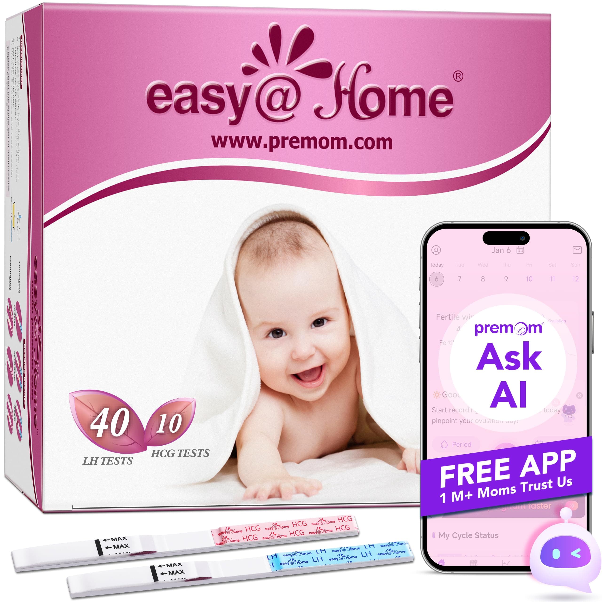 Easy@Home Ovulation Test Kit Powered by Premom Predictor APP,40 and 10 Pregnancy Strips,40LH +10HCG