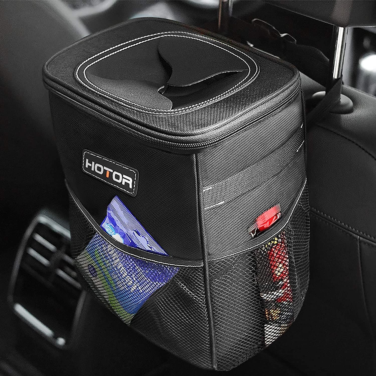 HOTOR Car Bin: Leak-Proof, Foldable, Waterproof Interior Accessory With Lid, Adjustable Straps and Multiple Pockets