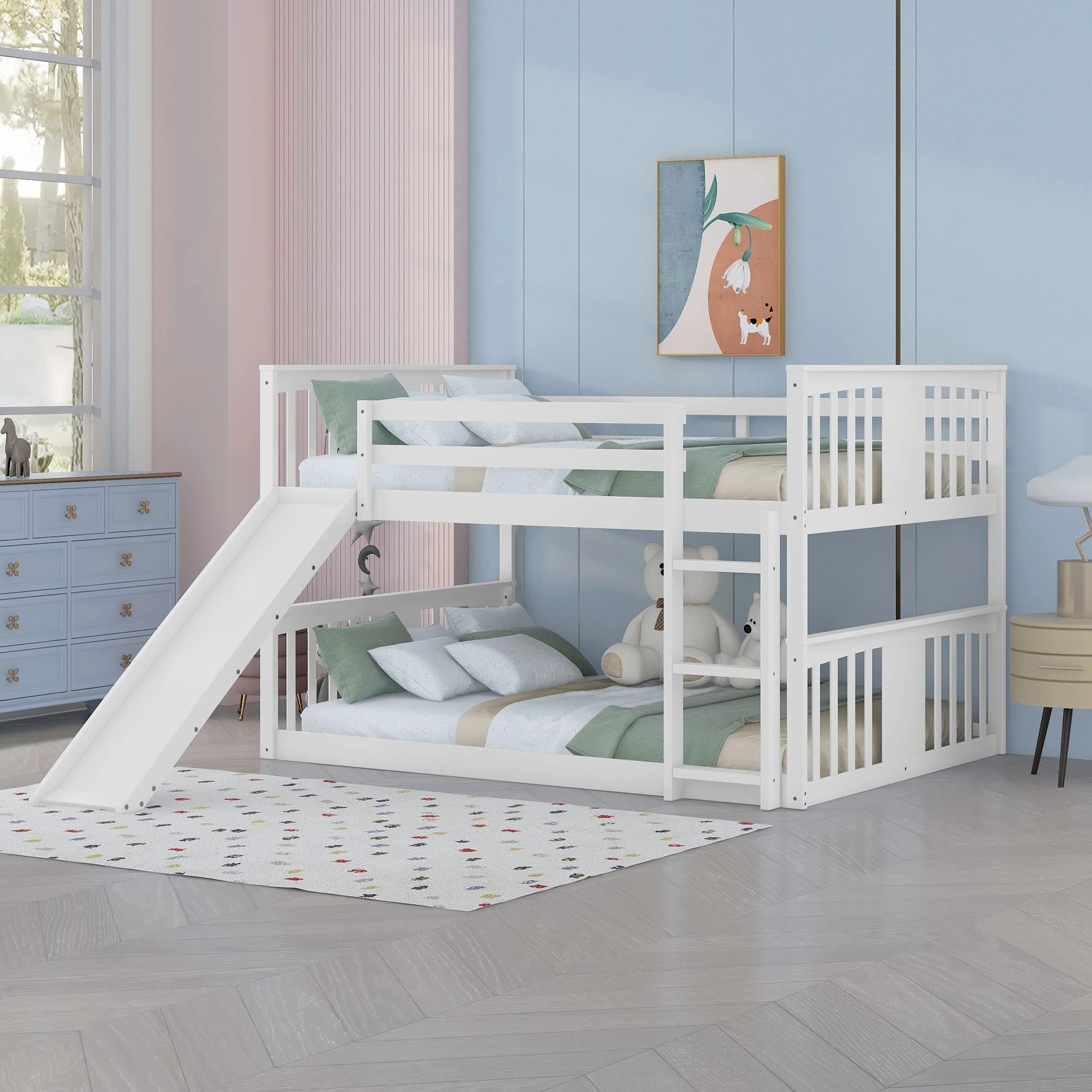 Bellemave Full Bunk Beds with Slide Full Over Full Low Bunk Bed Frame Wood Floor Bunkbed for Boys Girls Teens’ Bedroom Dorm, White