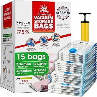 Vacuum Storage Bags - Pack of 15 (3 Jumbo + 4 Large + 4 Medium + 4 Small) ReUsable Space Savers with Free Hand Pump for Travel Packing | Vacuum Bags for Clothes, Duvets, Mattress, Bedding, Sweater