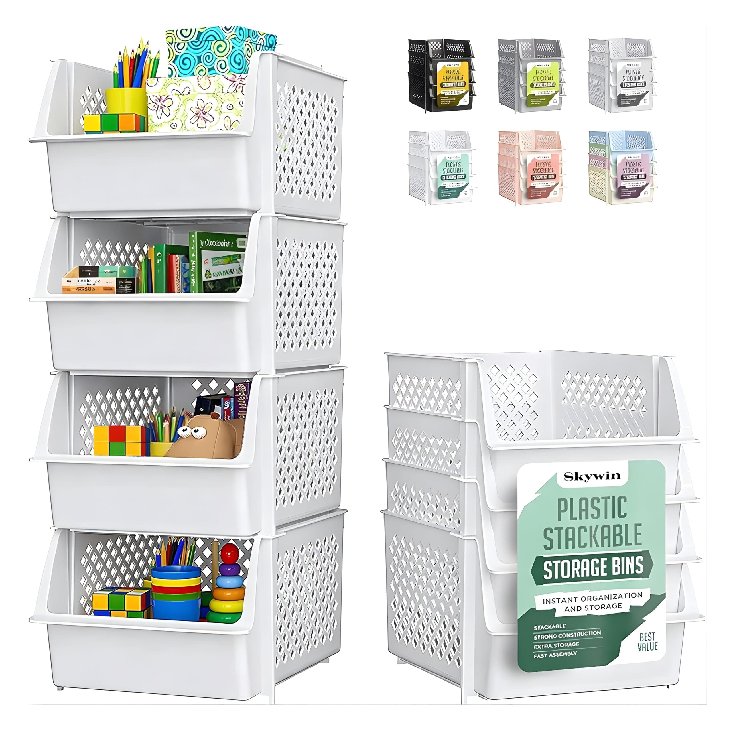TidyFriend Stackable Storage Bins for Pantry, 4 Pack Stackable Bins For Organizing Food, Kitchen, and Bathroom Essentials (White)