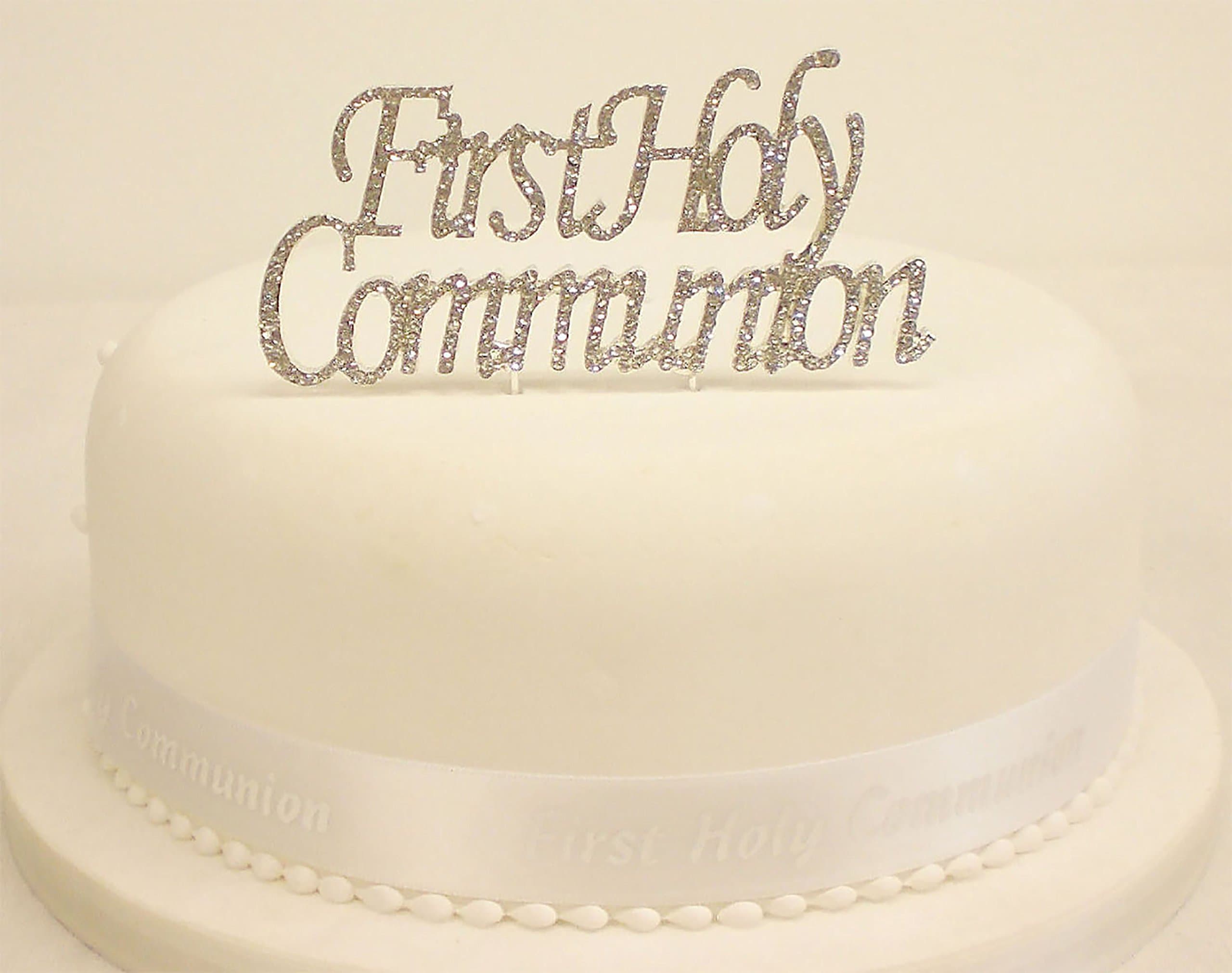 First Holy Communion Reusable Cake Topper | Shiny Crystal Clear Rhinestone with Silver Alloy Metal Pick |1st Holy Communion, Religious Baptism, Catholic and Christening for Boy or Girl Cake Decoration