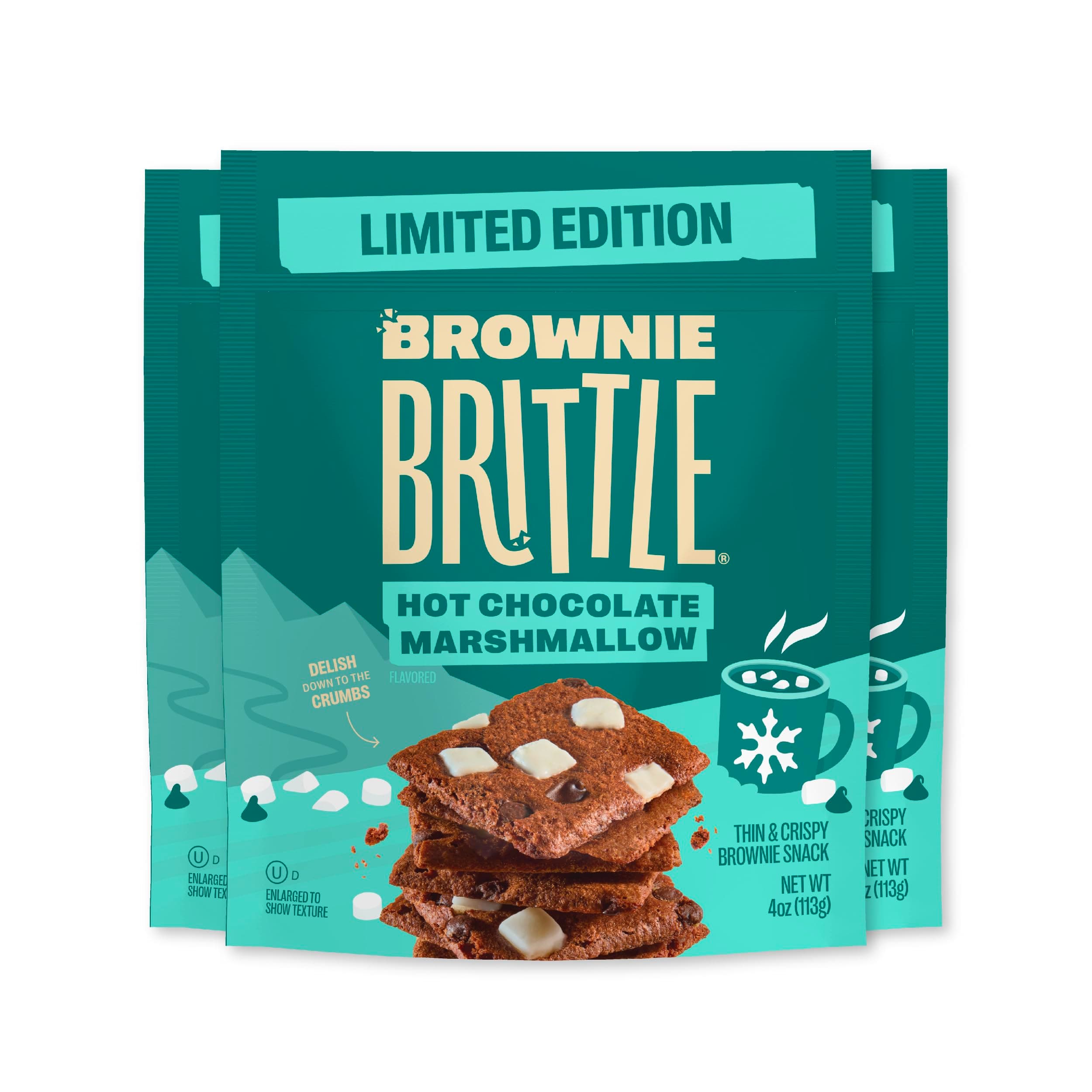 Brownie Brittle – Hot Chocolate Marshmallow Thin and Crispy Sweet Snacks (Pack of 3, 4 oz), Rich Gourmet Brownie Bites Dessert