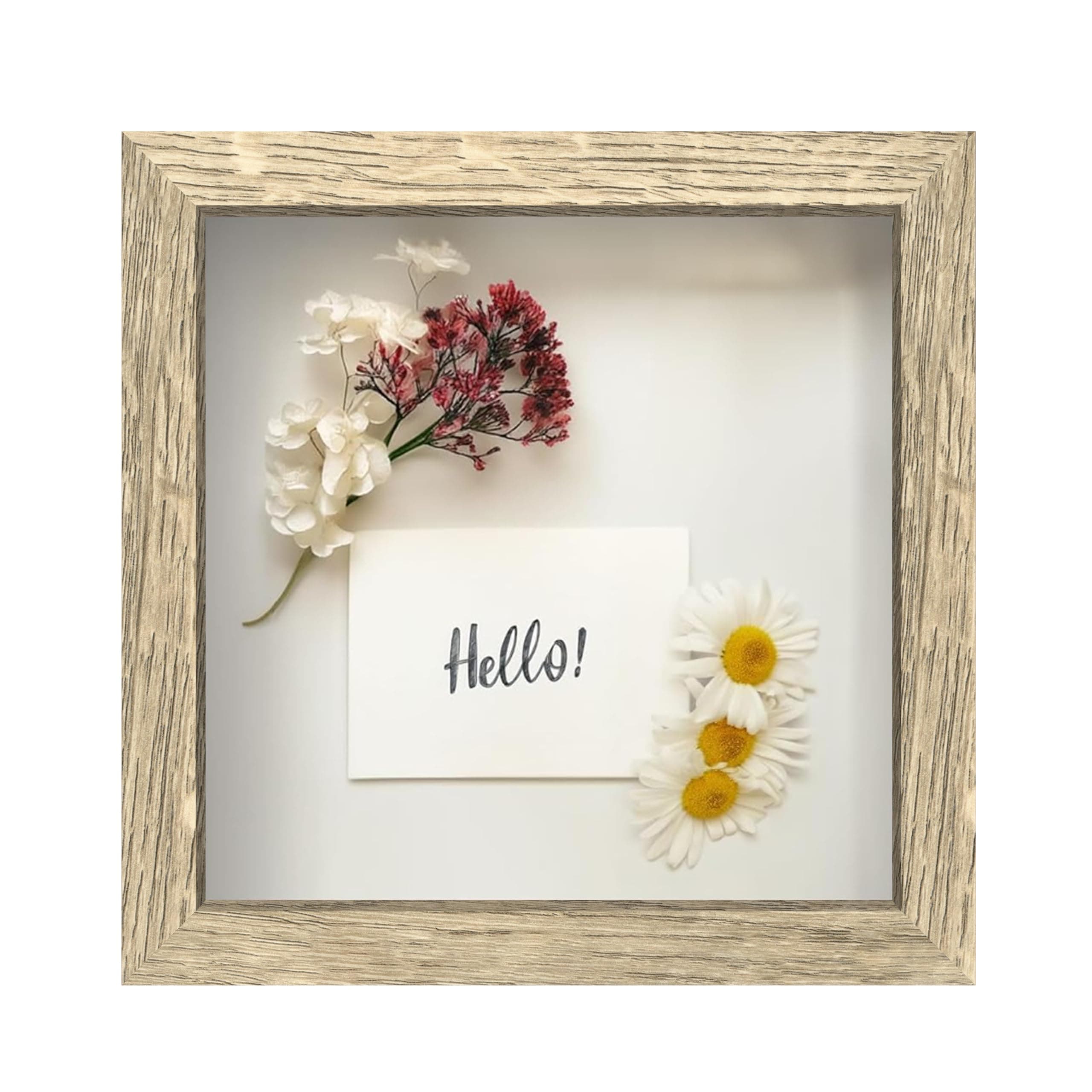 - FrameWorks 8x8 Driftwood Wooden Shadow Box Frame – Soft Felt Back, Tempered Glass, and Included Elegant White Ball Push Pins